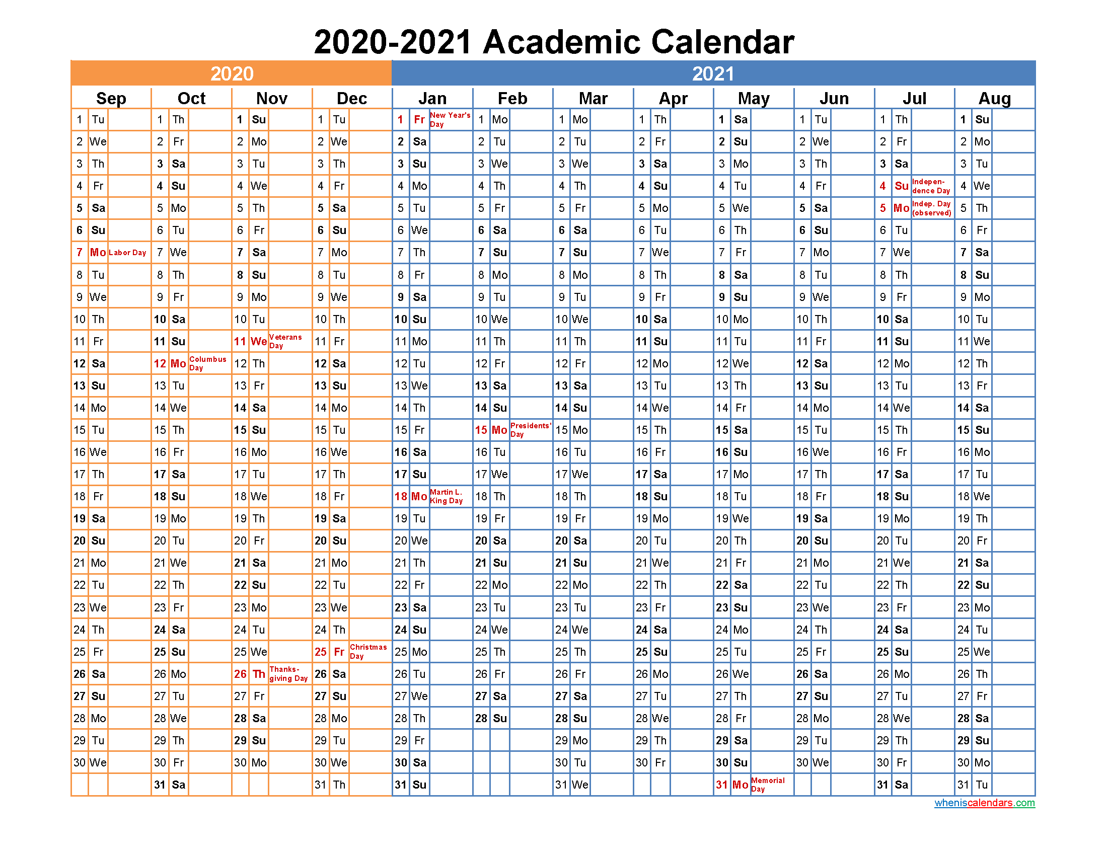 Academic Calendar 2020 and 2021 Printable. 