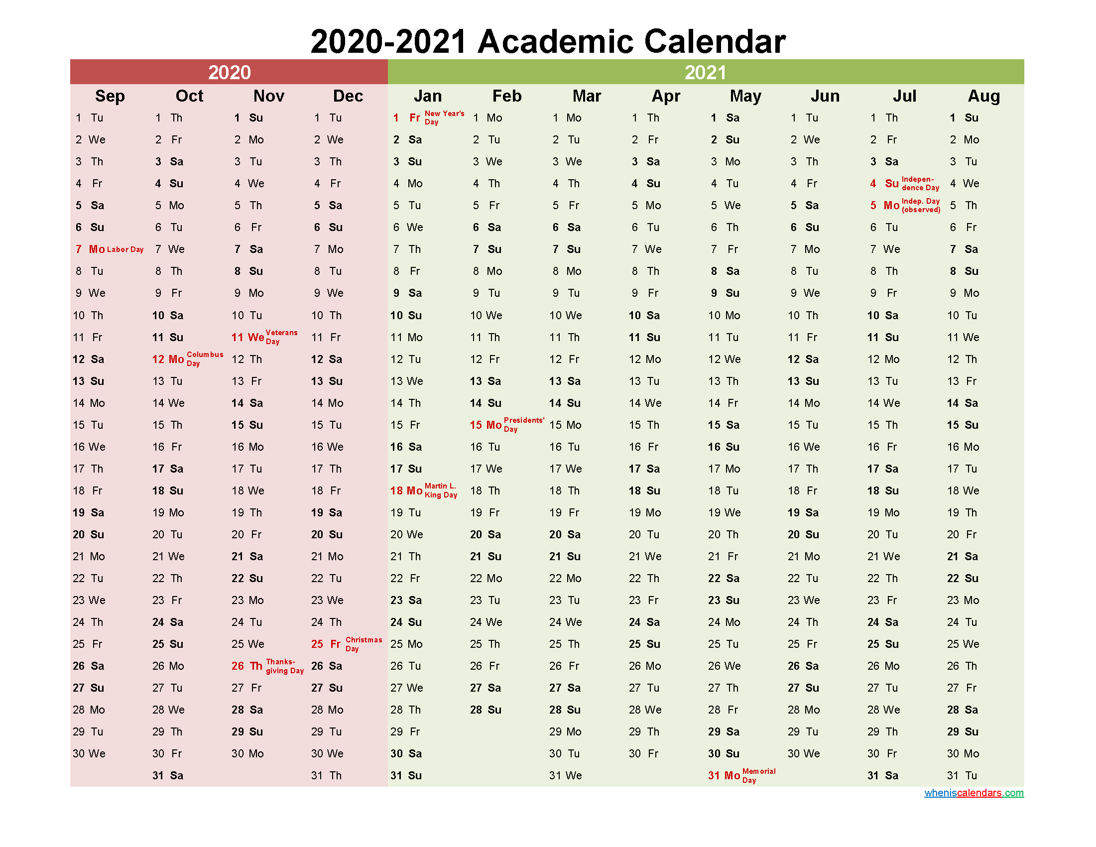 2020 and 2021 Academic Calendar Printable preview, scroll down to get the d...