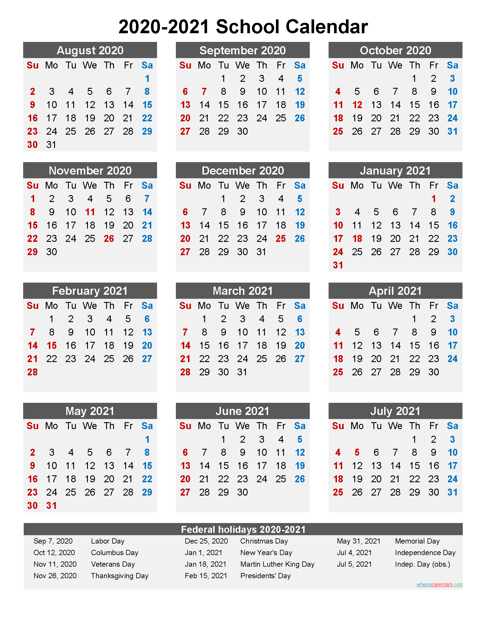 School Calendar 2020 and 2021 Printable (Portrait ...