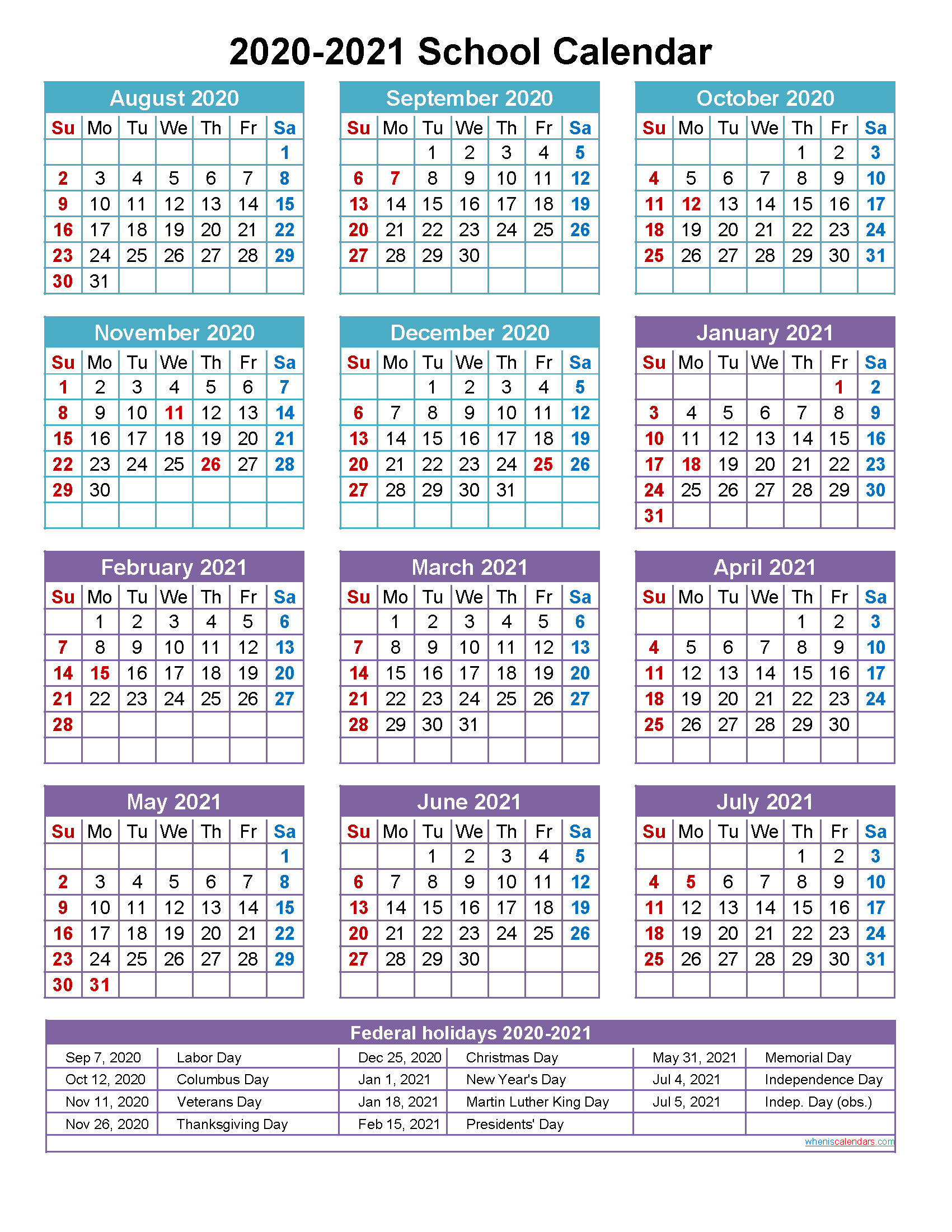 2020 and 2021 School Calendar Printable