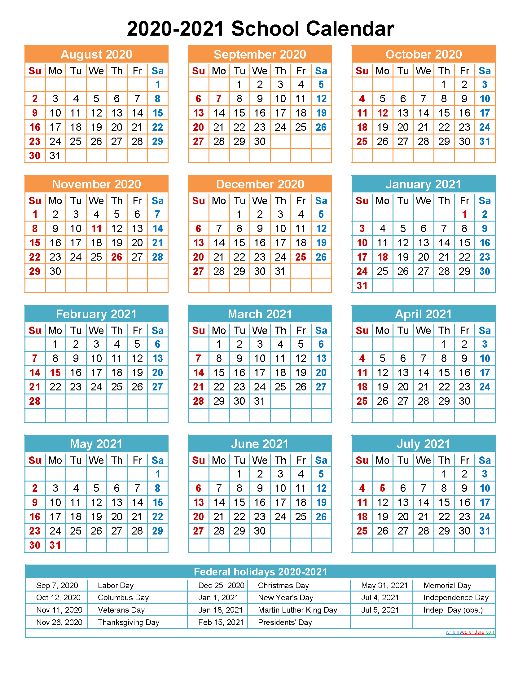 School Calendar 2020 and 2021 Printable