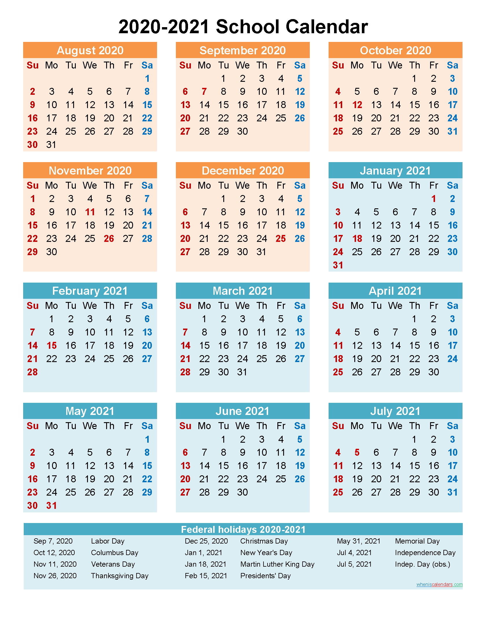 2020 and 2021 School Calendar Printable (Portrait ...