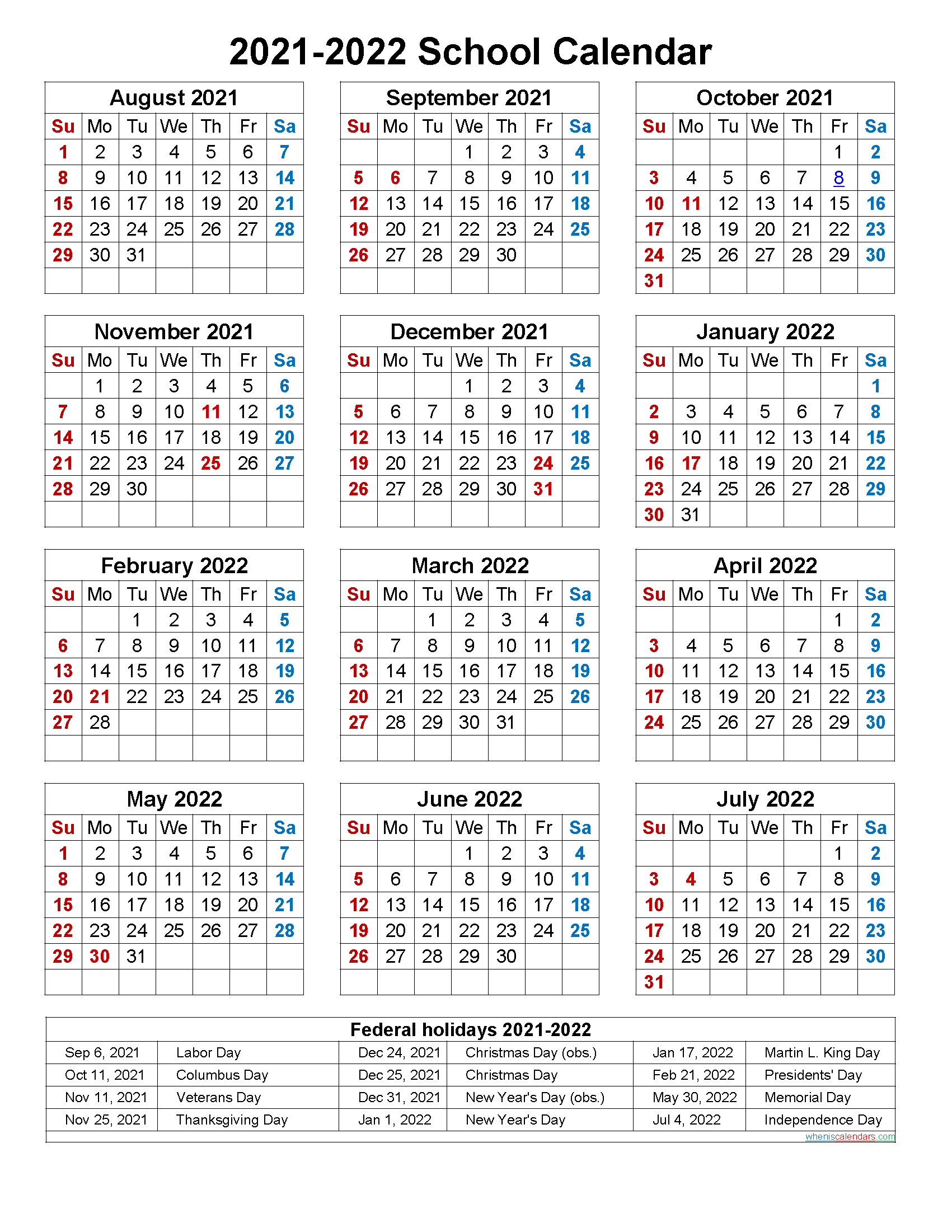 Download Free School Calendar 2020 to 2021 as PDF and Image