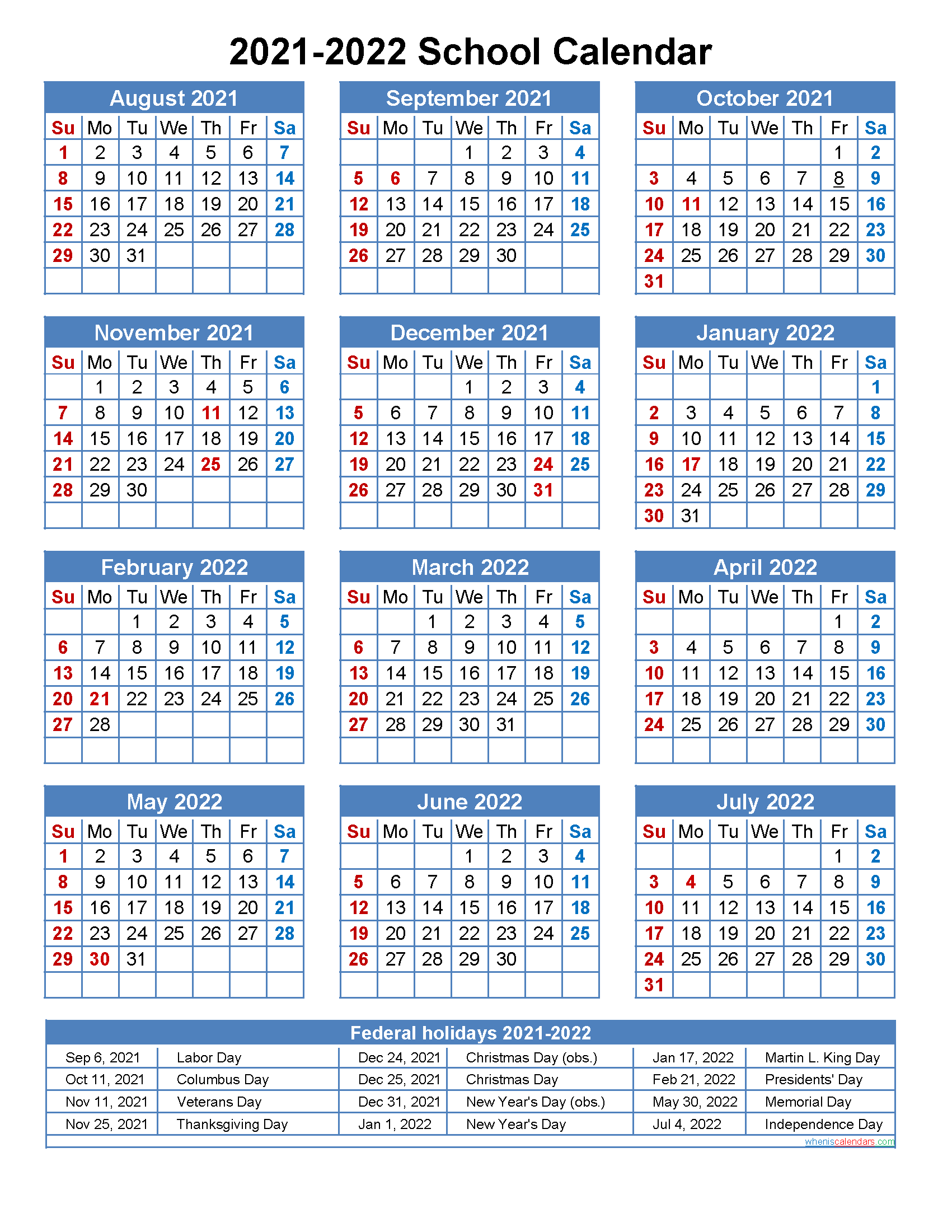 Free School Calendar 2020 to 2021 PDF and Image