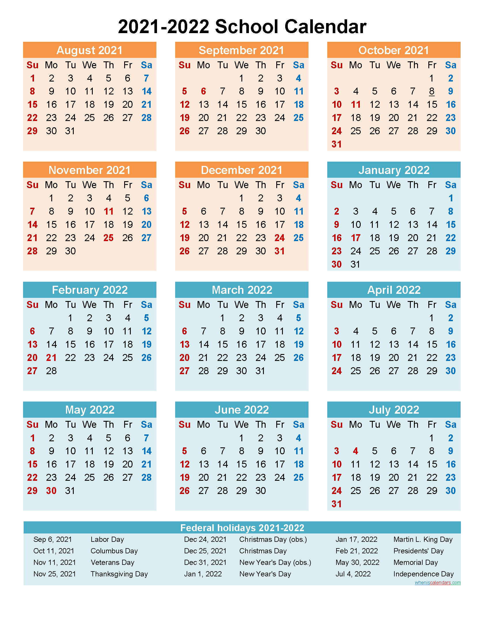 2021 and 2022 School Calendar Printable (Portrait ...