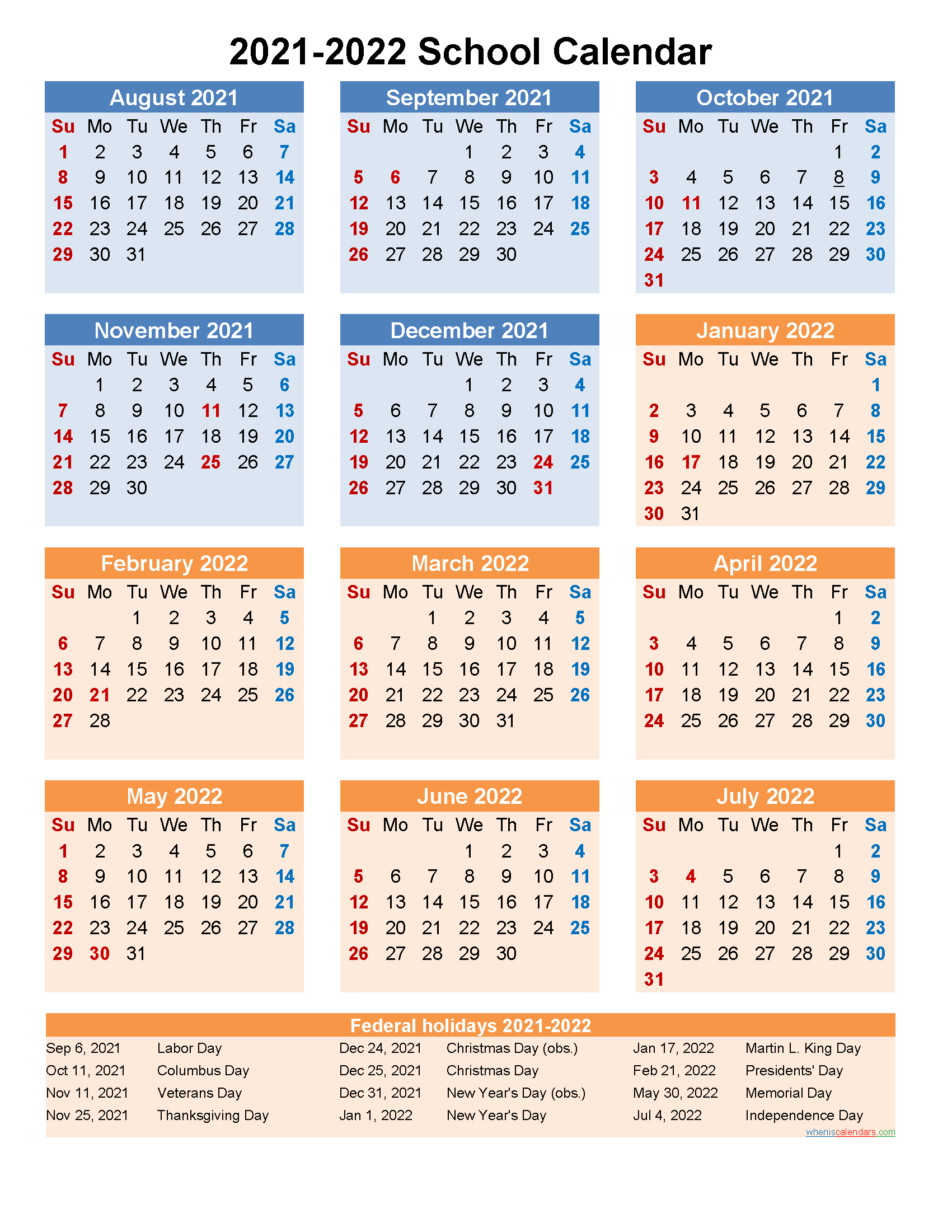 Instant Downloadable Fiscal School Year Calendar October 2021-December 2022 Printable