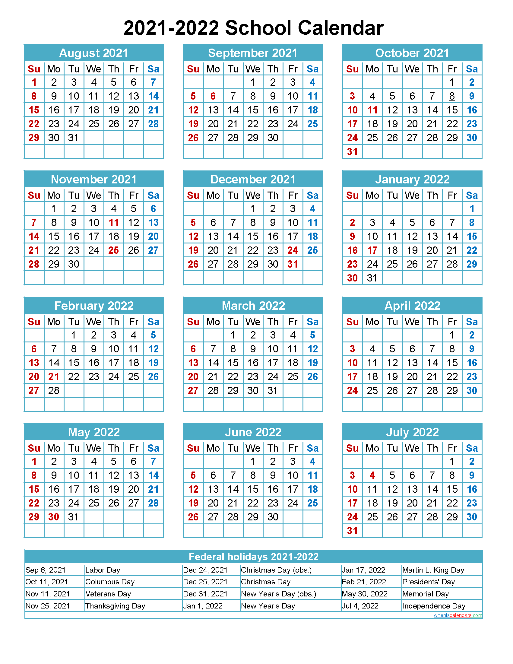 Download Free School Calendar 2020 to 2021 as PDF and Image