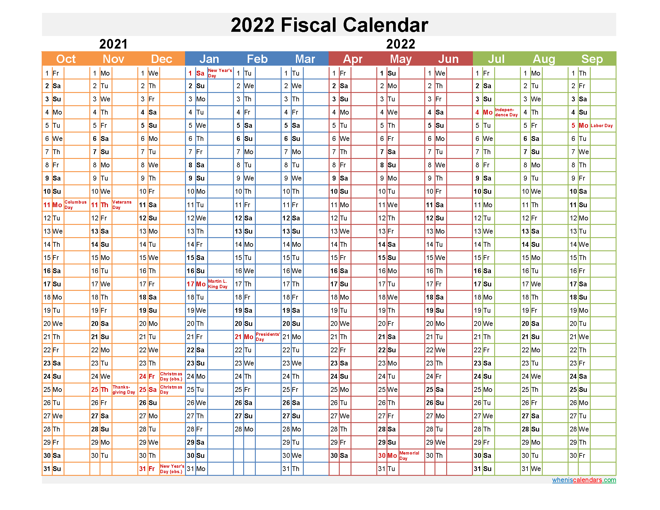 Federal Fiscal Year 2022 Calendar