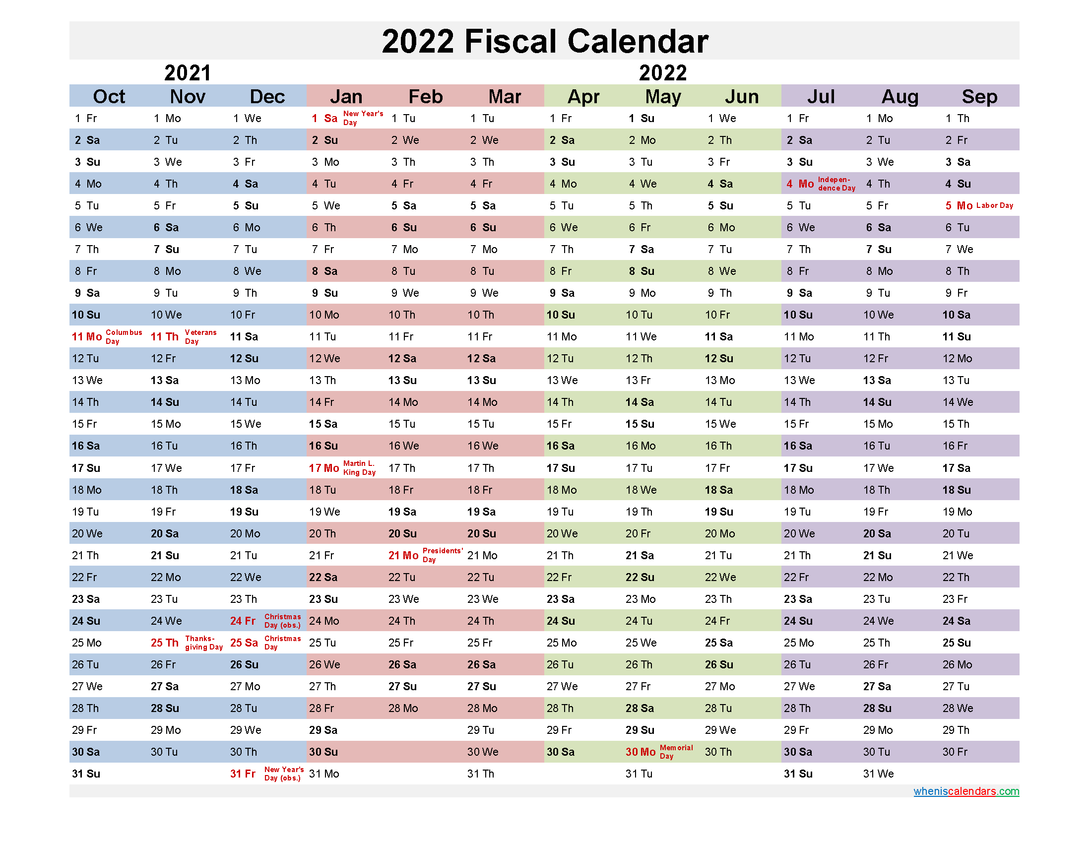 Fiscal Year Calendar 2022