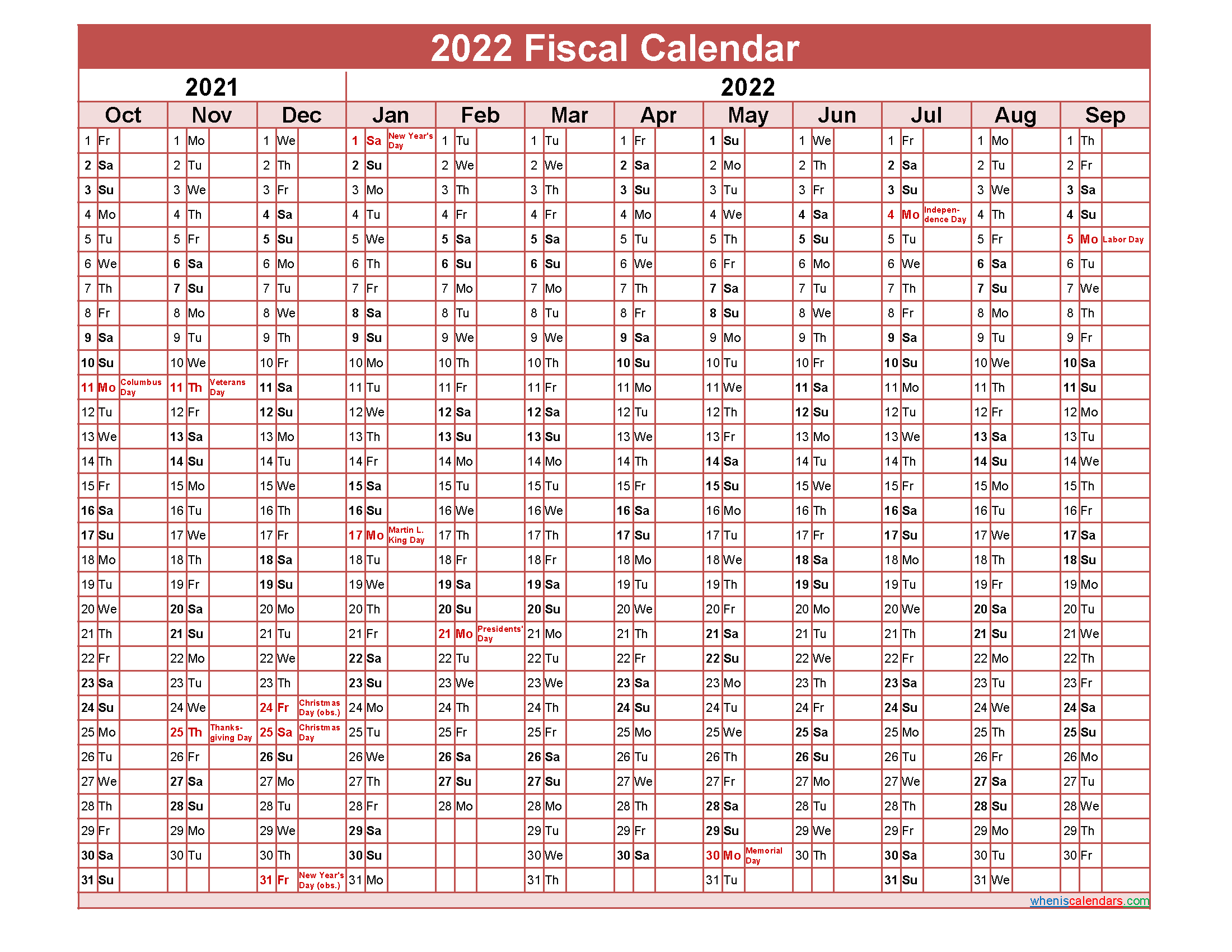 Fiscal Calendar 2022 Federal Fiscal Year