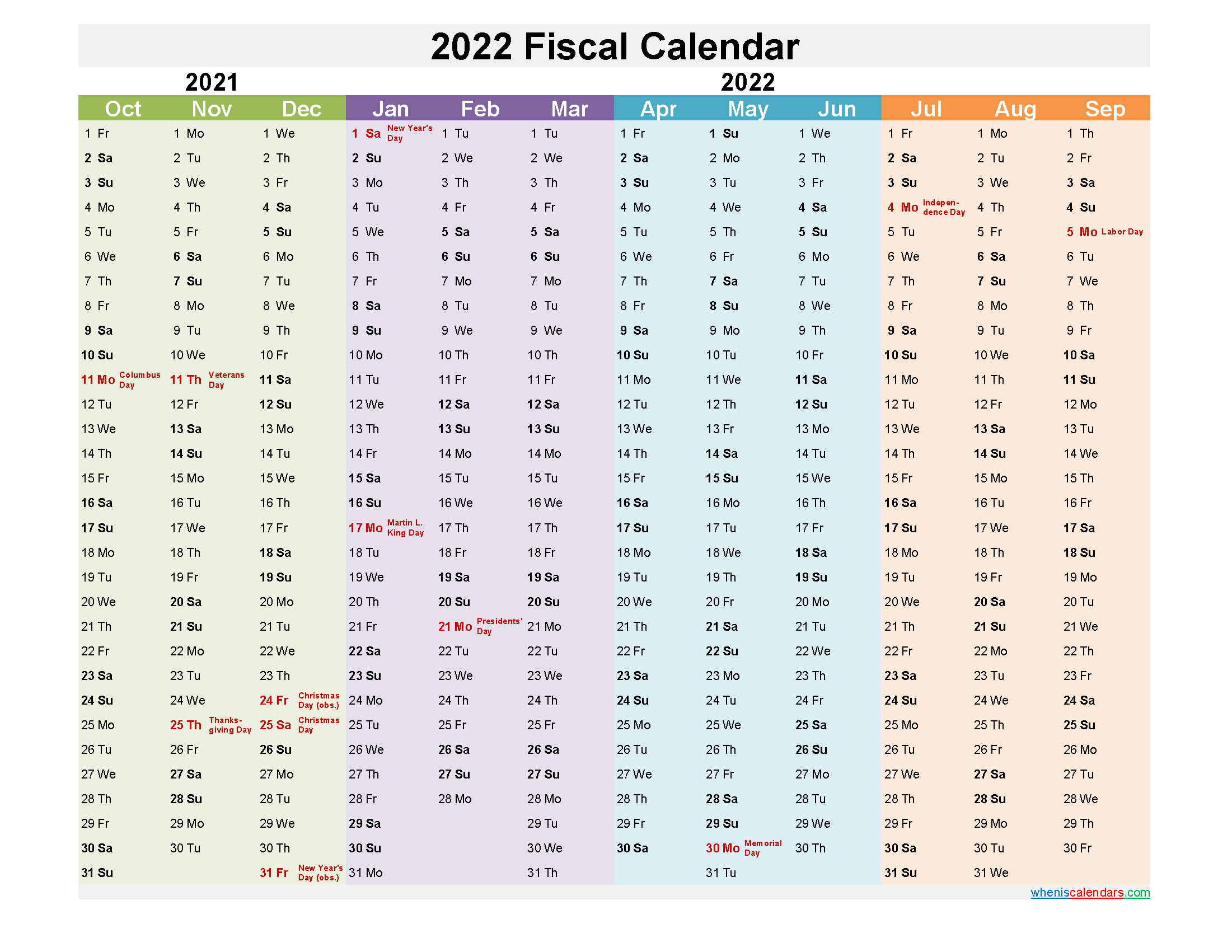 Federal Fiscal Year 2022 Calendar
