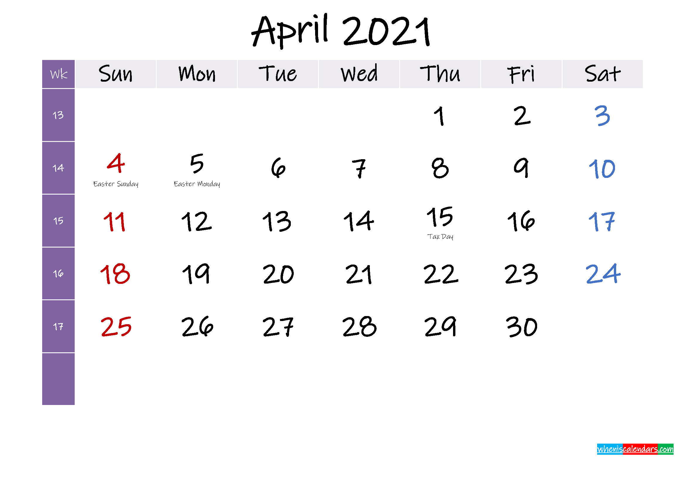 April 2021 Free Printable Calendar With Holidays Template K21m388