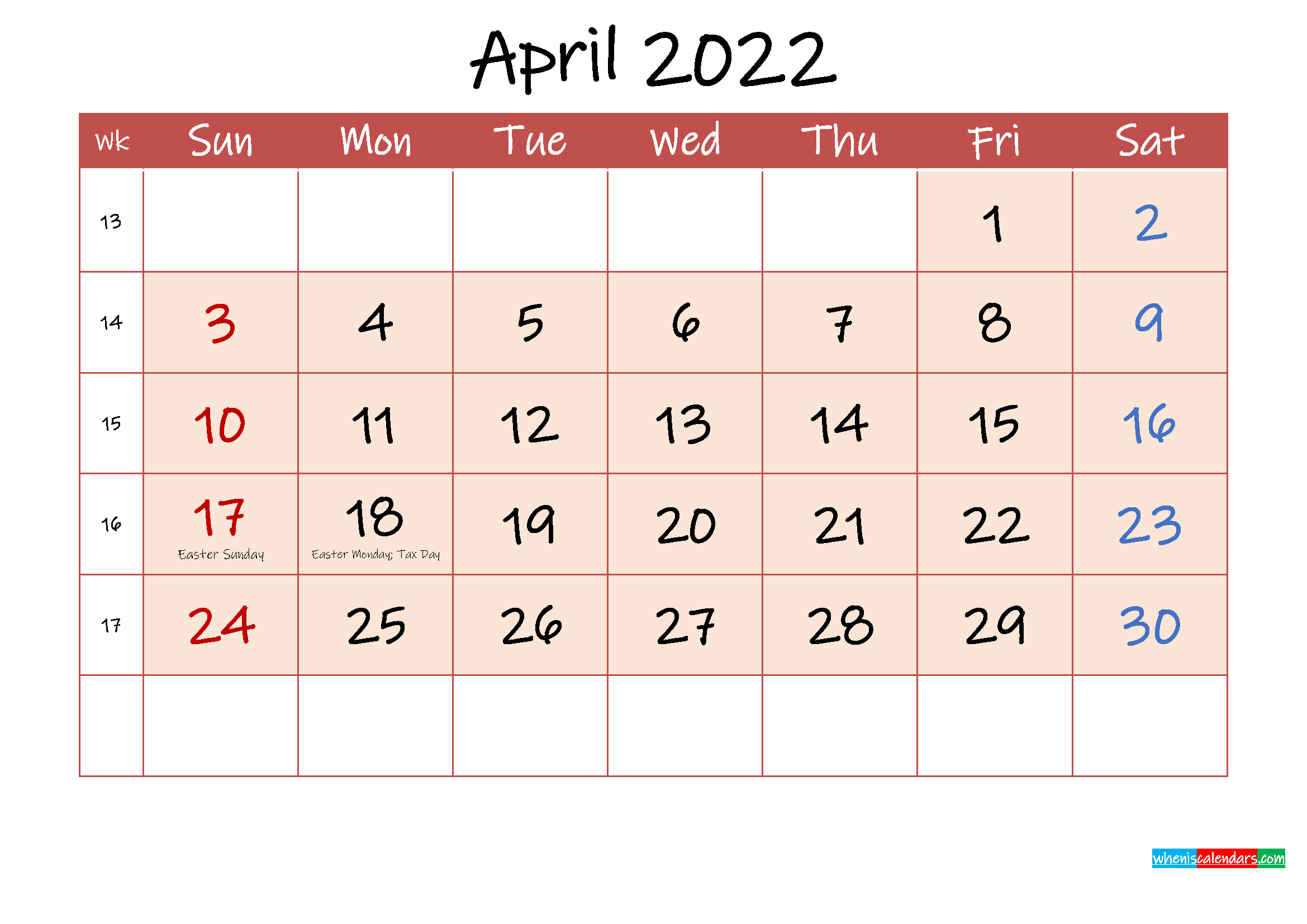 April 2022 Free Printable Calendar With Holidays - Template Ink22m112