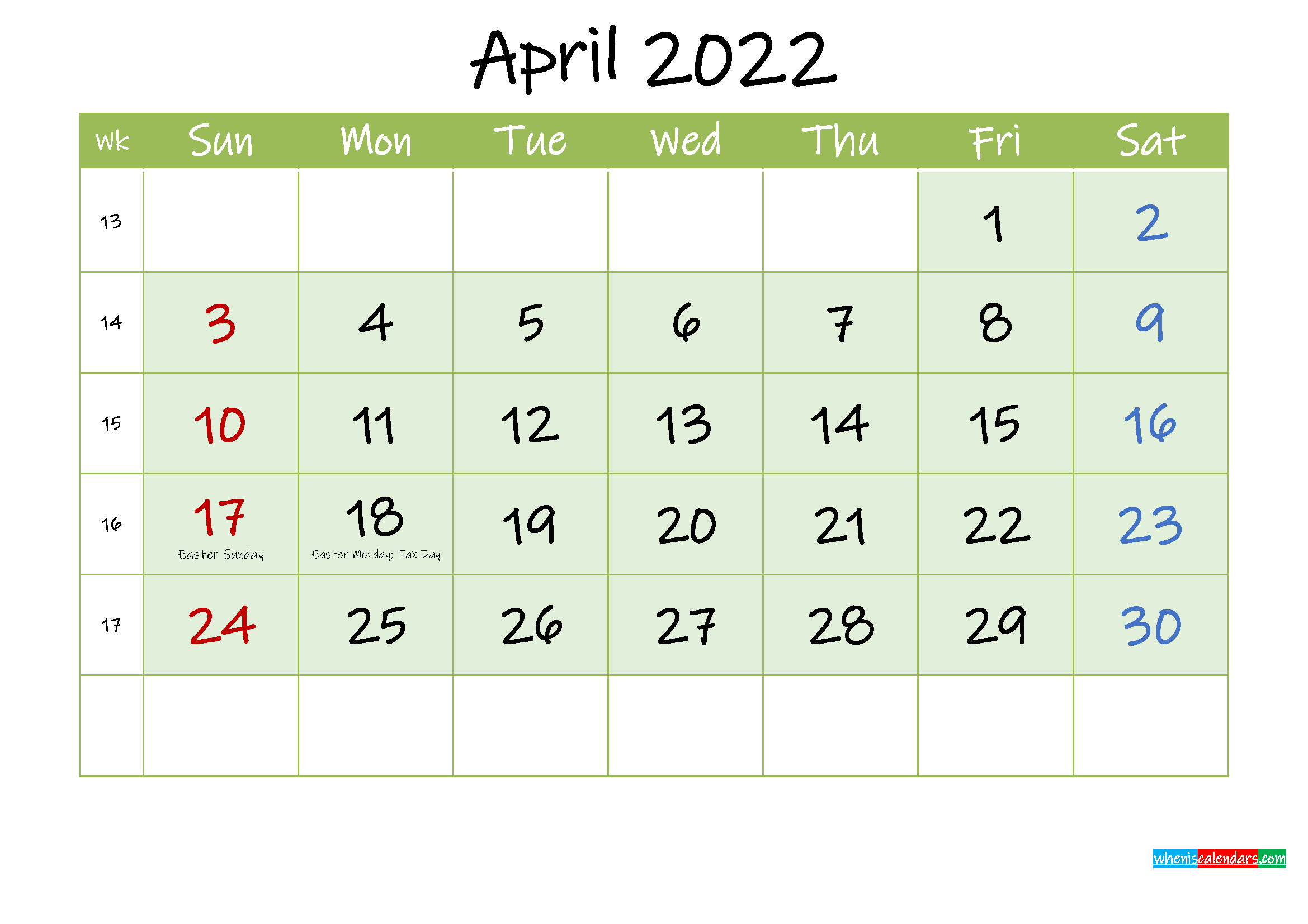 April 2022 Free Printable Calendar Template Ink22m124