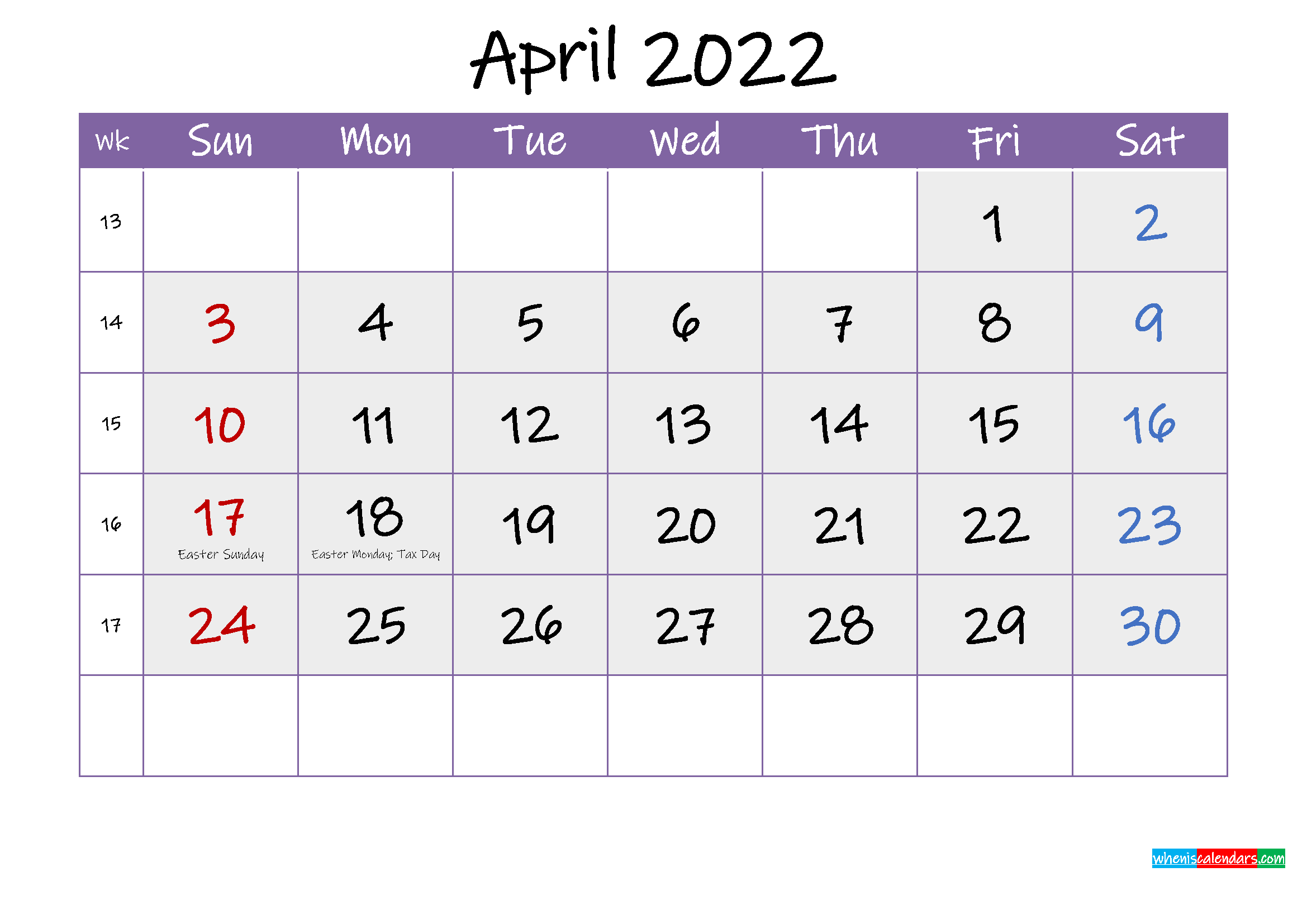 April 2022 Calendar Printable Printable World Holiday