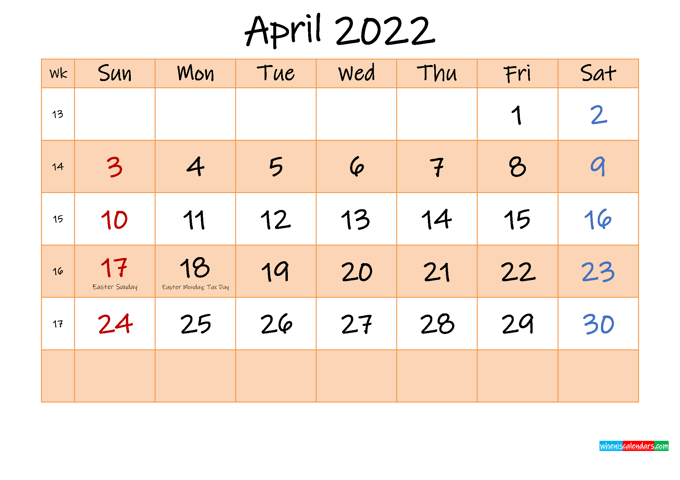 Editable April 2022 Calendar Template No.ink22m484