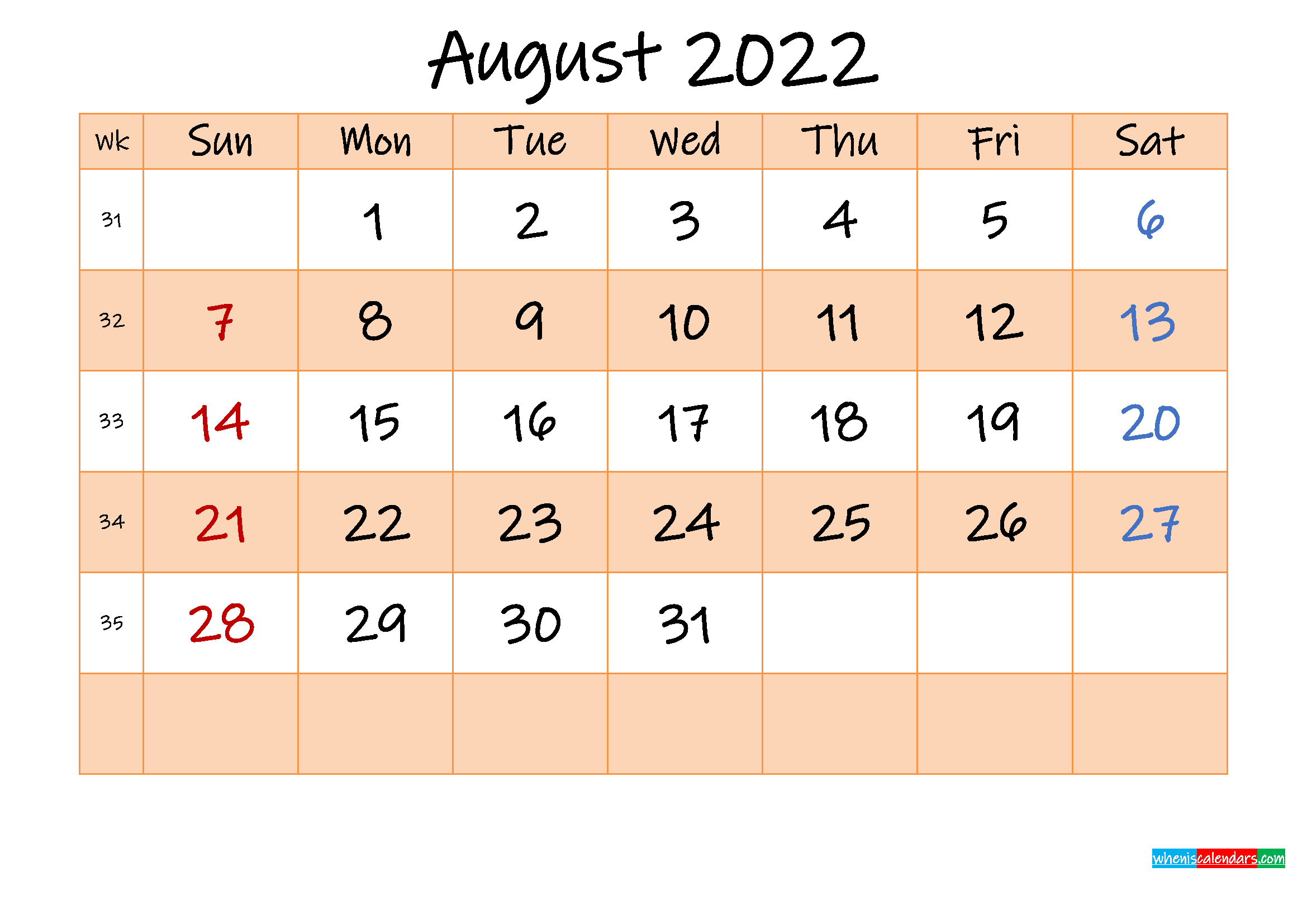 Editable August 2022 Calendar Template No.ink22m488