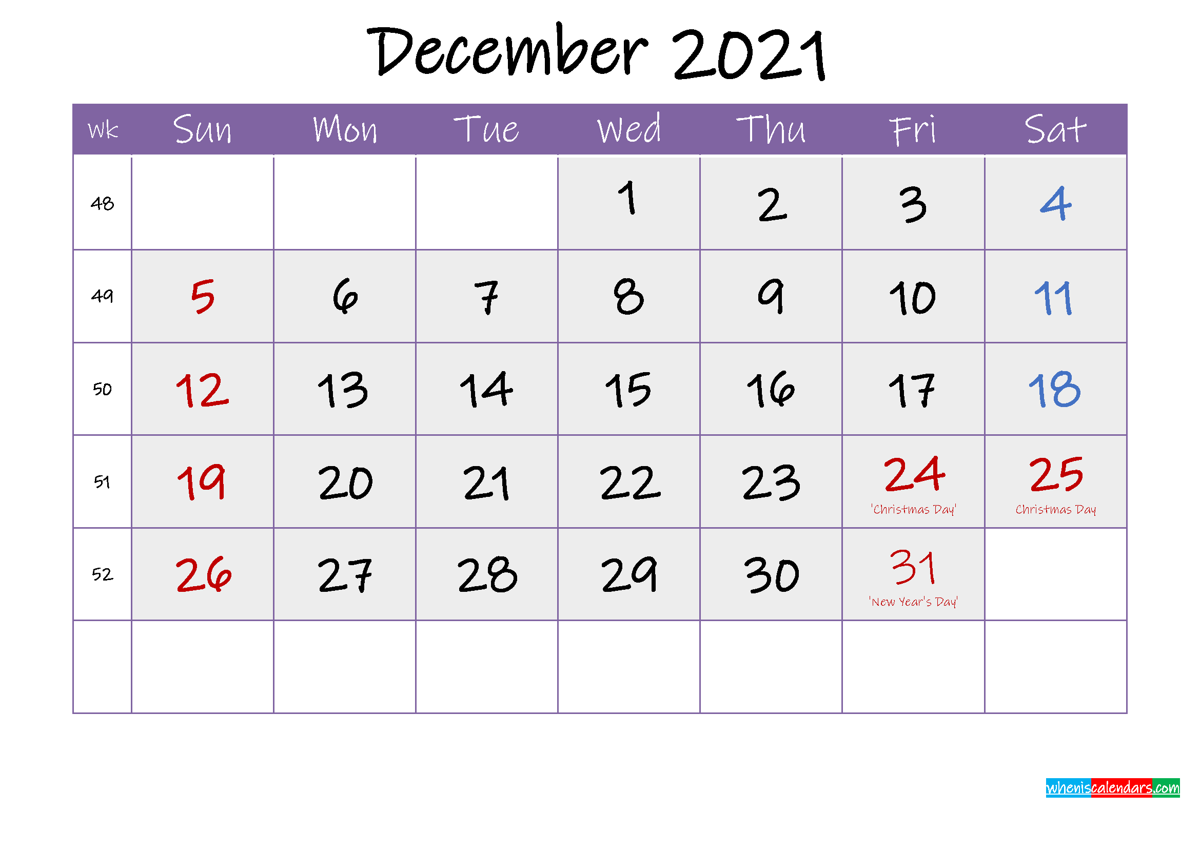 Free December 2021 Printable Calendar with Holidays ...