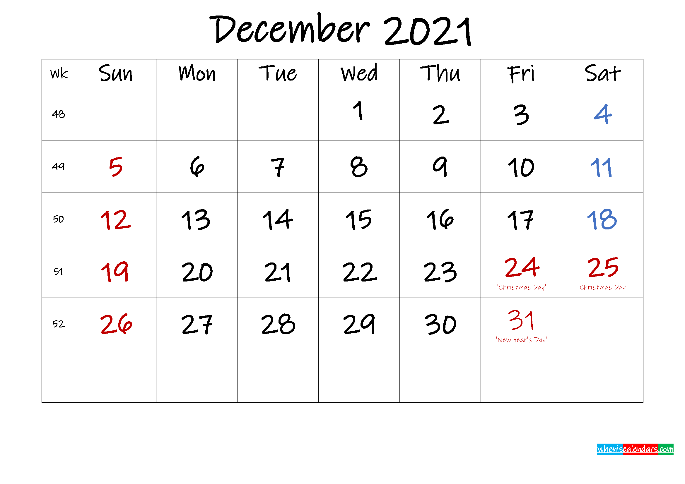 December 2021 Free Printable Calendar with Holidays ...