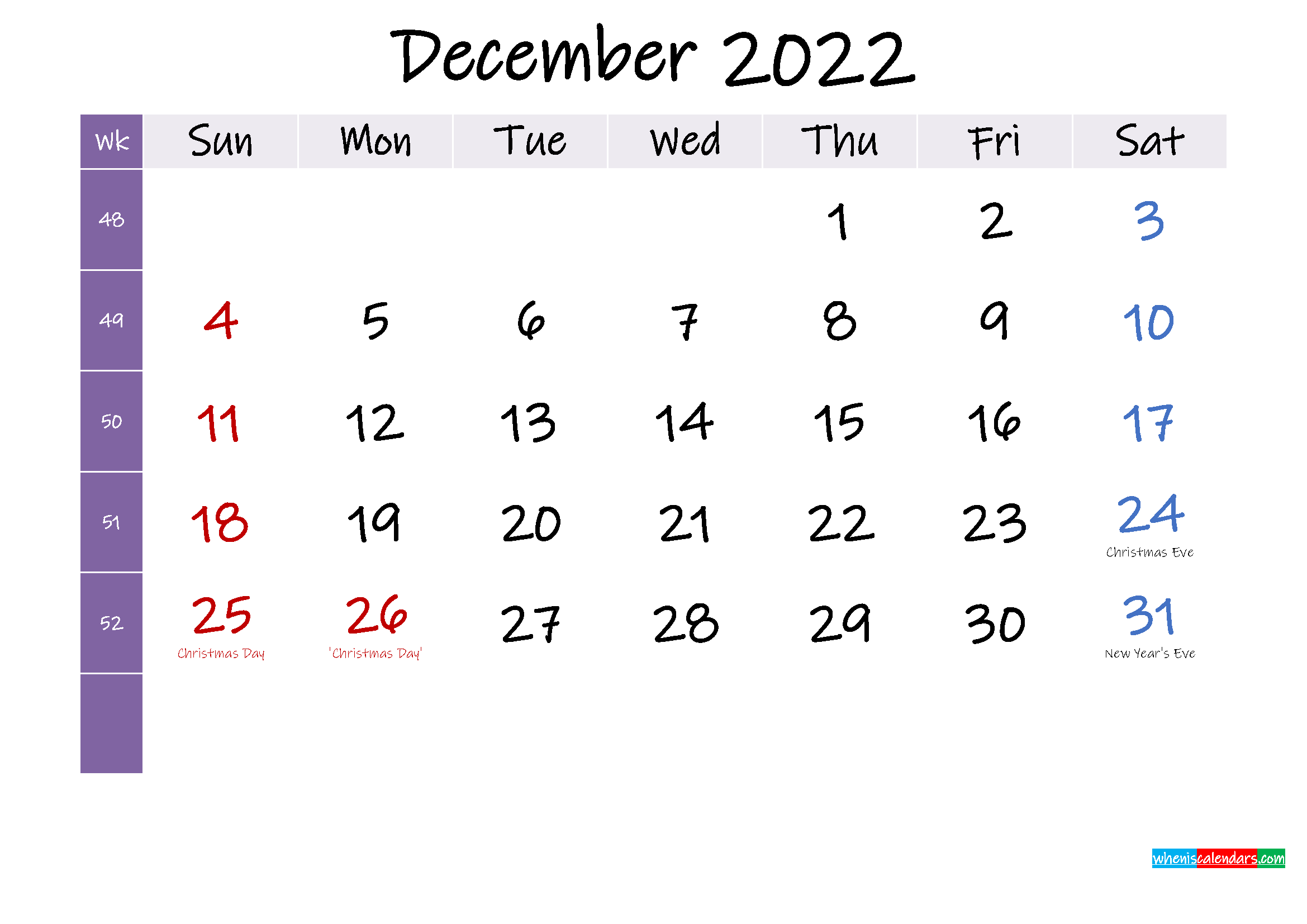 December 2022 Free Printable Calendar With Holidays Template No ink22m396