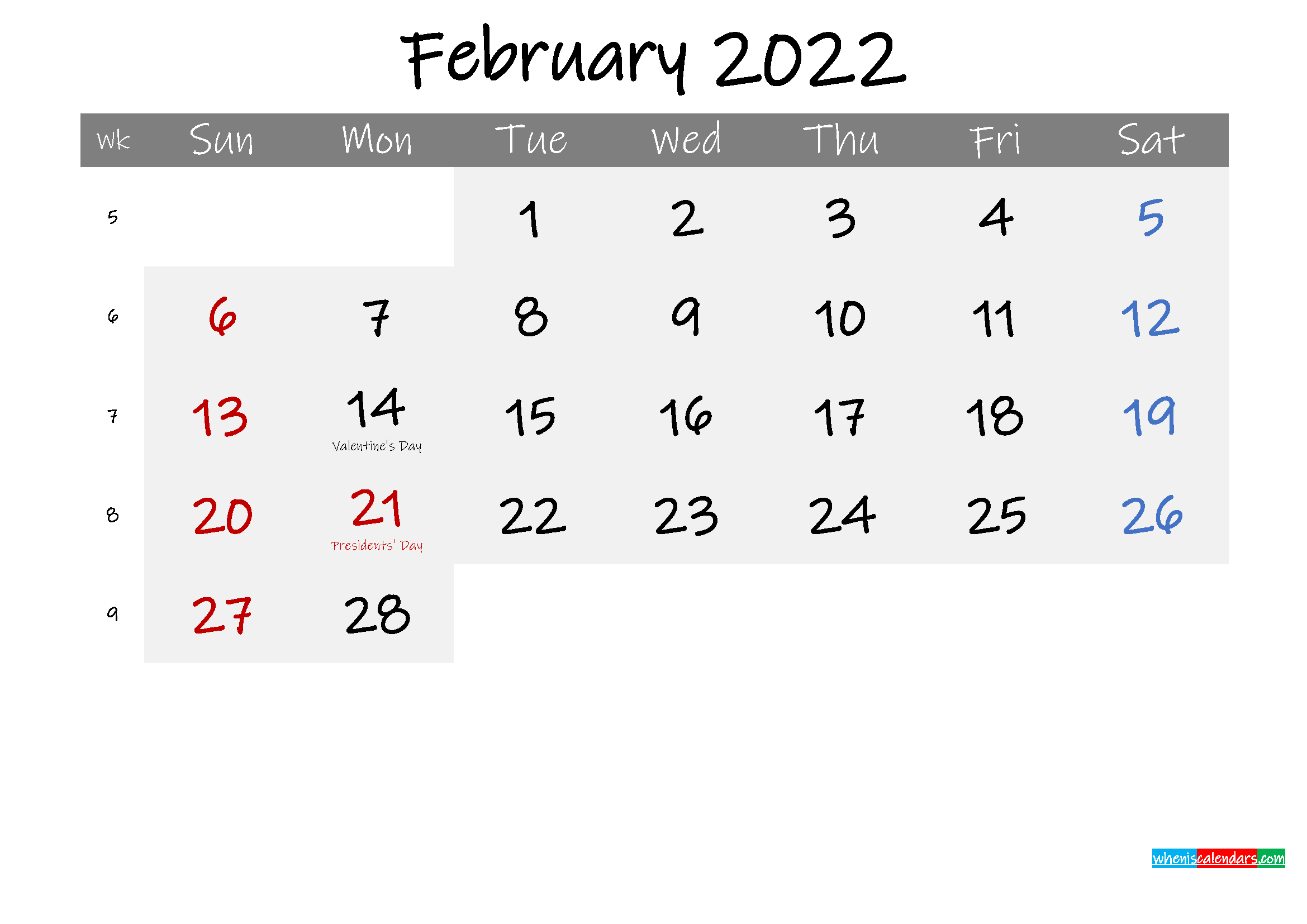 free february 2022 monthly calendar template word