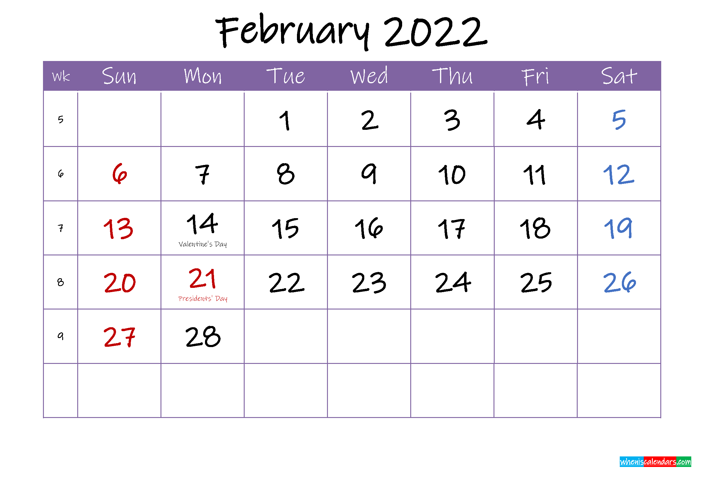 February 2022 Calendar with Holidays Printable - Template ...