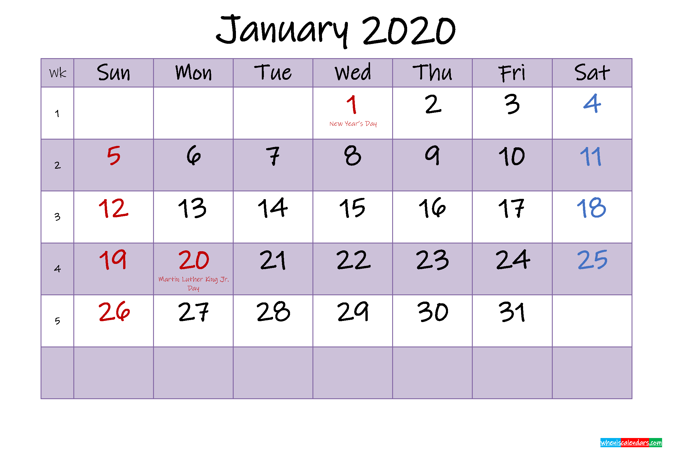 Editable January 2020 Calendar Template K20m457