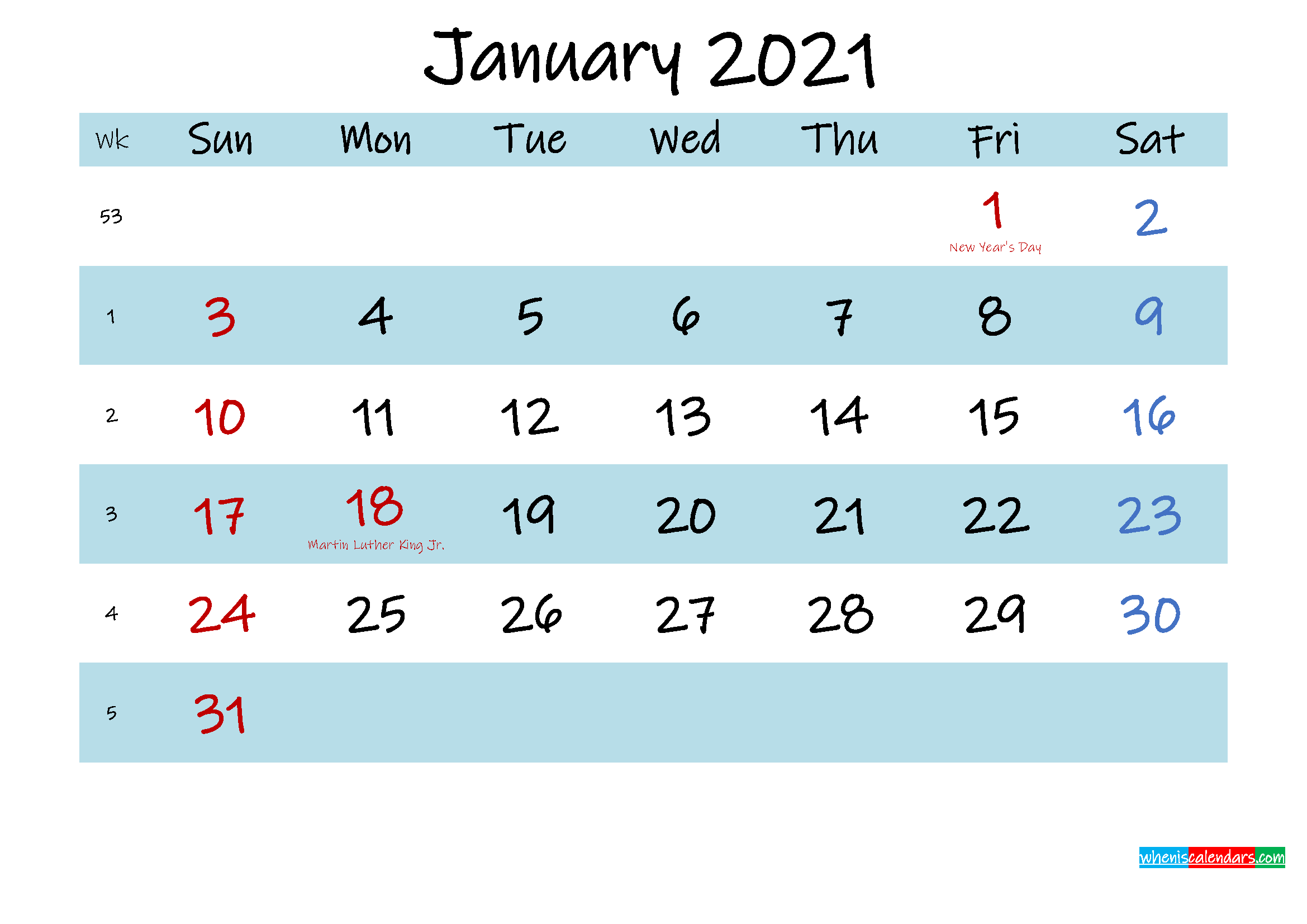 Printable January 2021 Calendar PDF - Template No ...