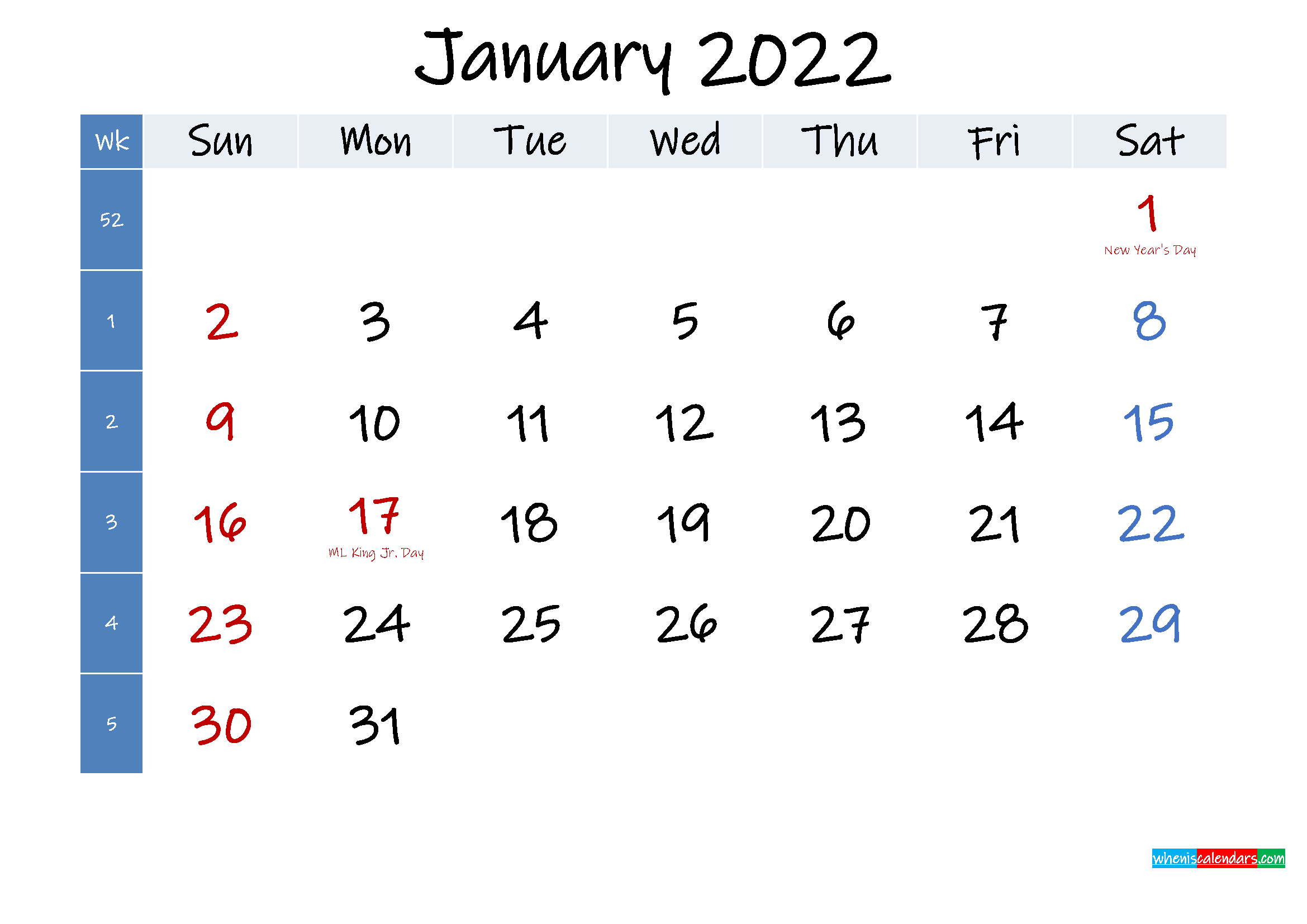 January 2022 Free Printable Calendar With Holidays Template No.ink22m349