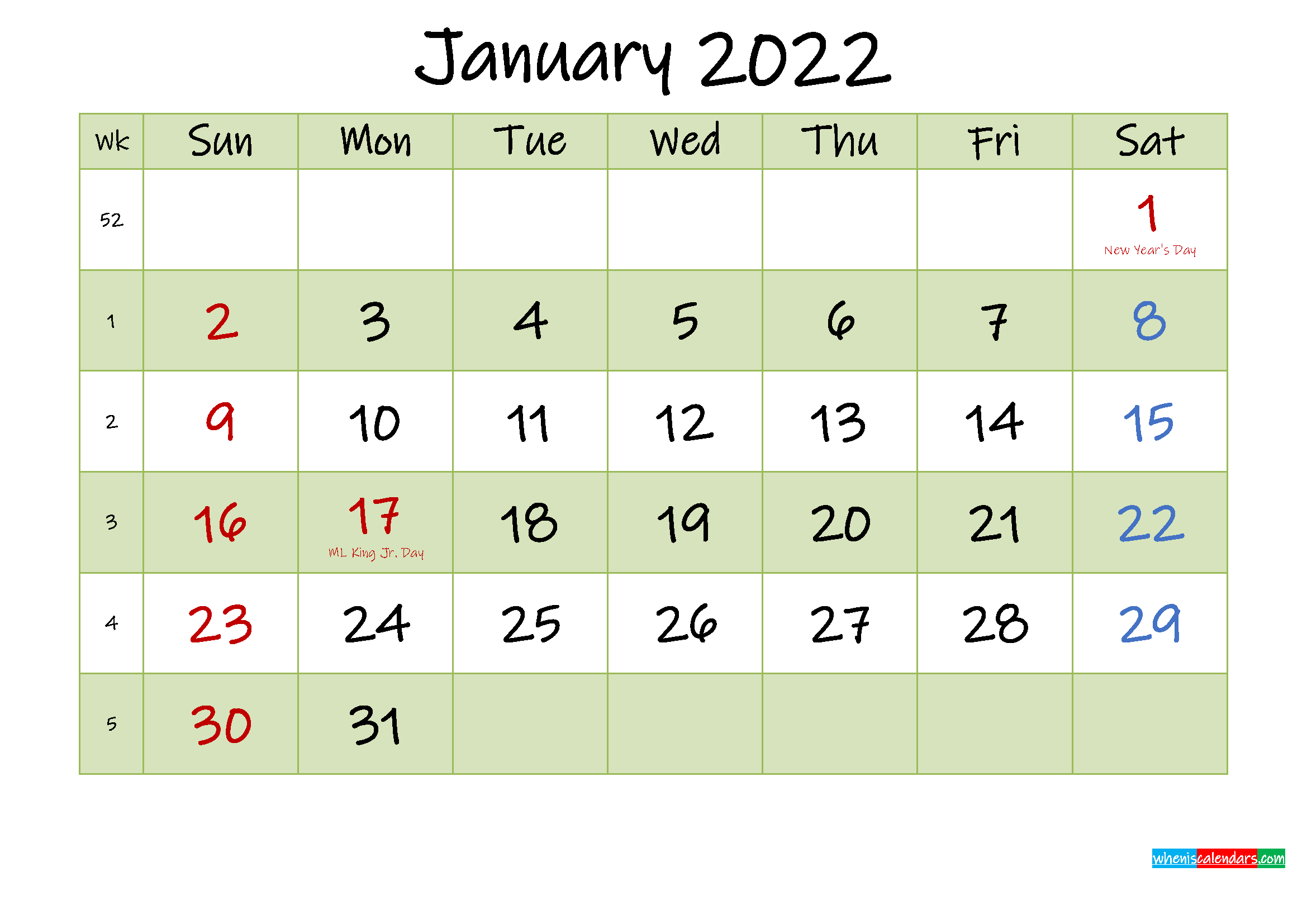January 2022 Calendar With Holidays Printable Template No.ink22m445