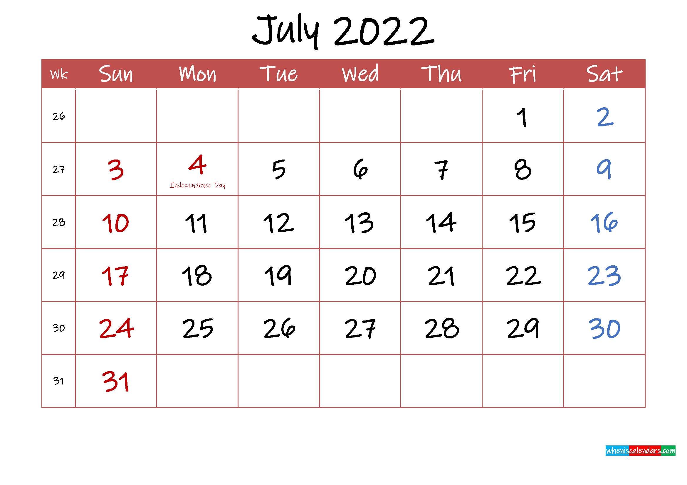 Printable July 2022 Calendar With Holidays Template Ink22m31