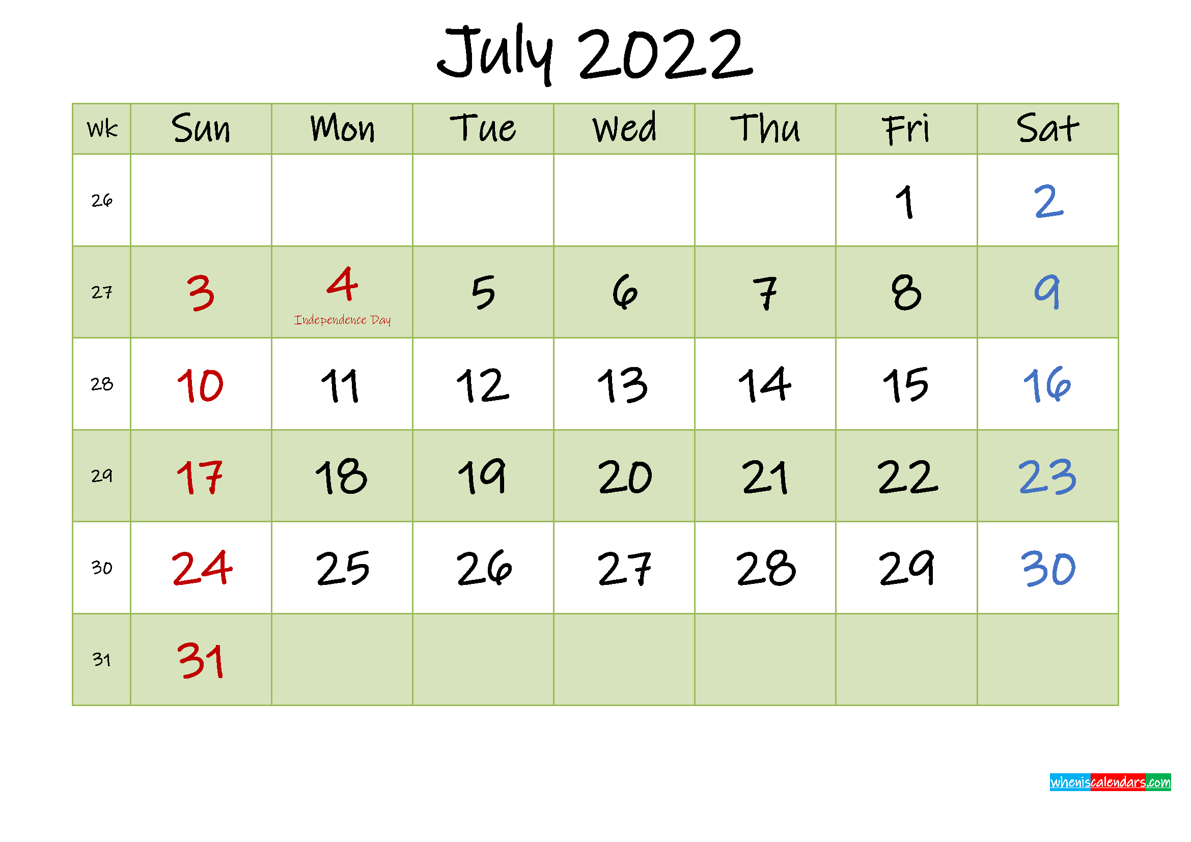 july 2022 calendar with holidays printable template no