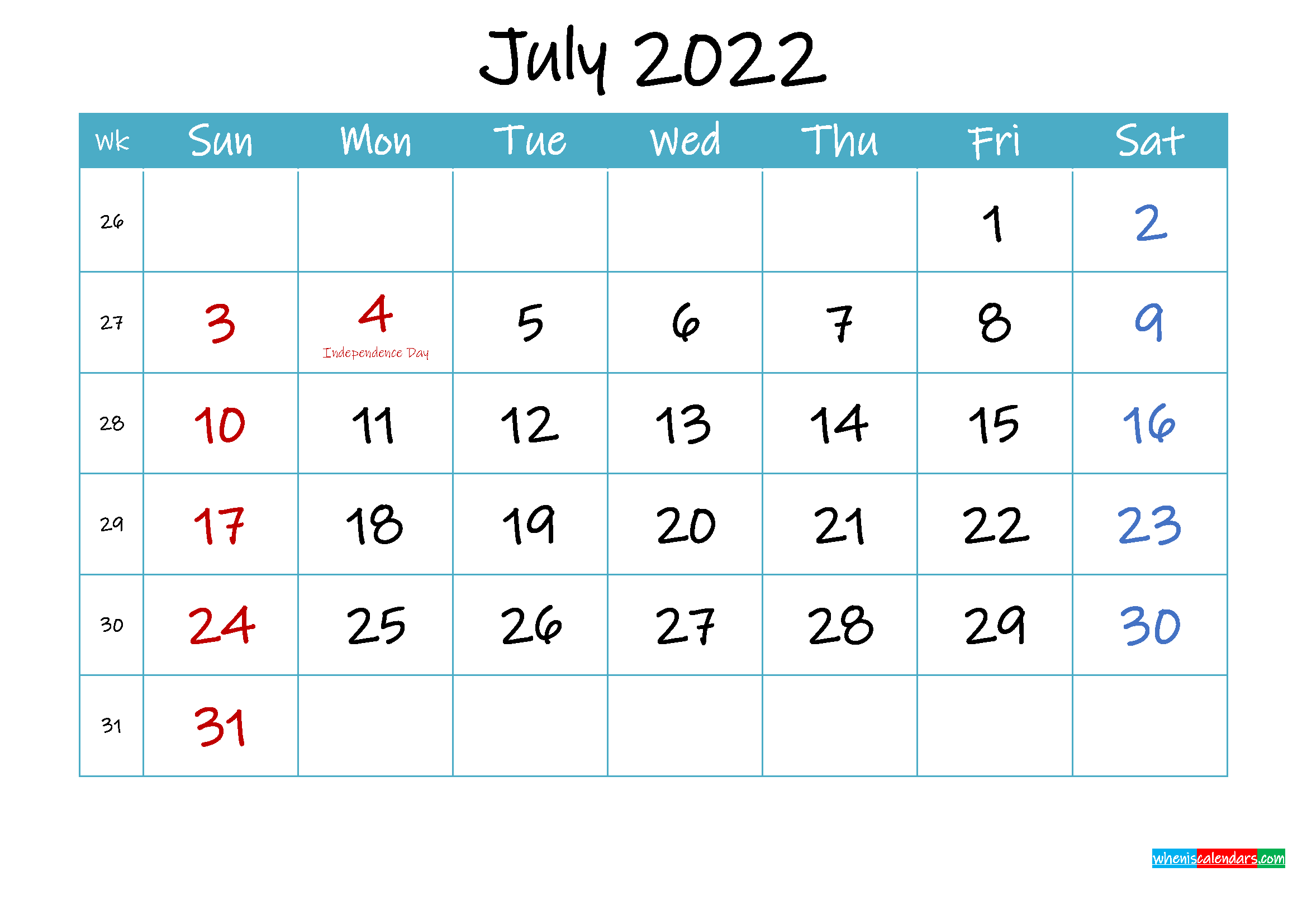 Printable July 2022 Calendar Pdf Template Ink22m67