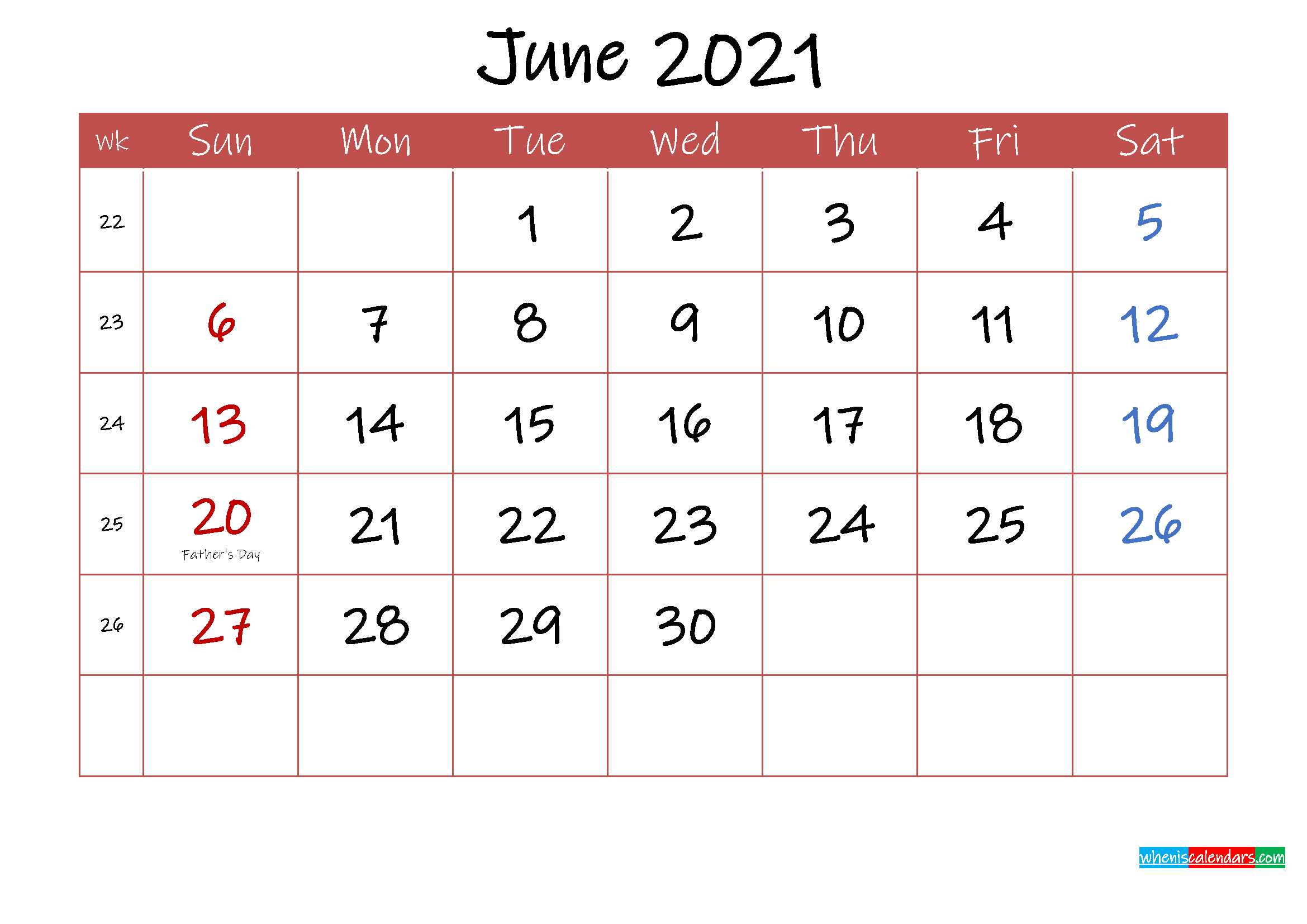 Printable June 2021 Calendar with Holidays - Template ink21m30