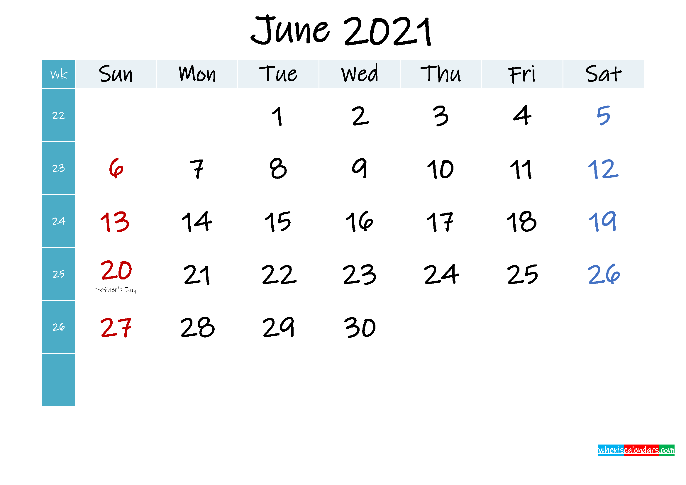 June 2021 Free Printable Calendar - Template No.ink21m402 ...