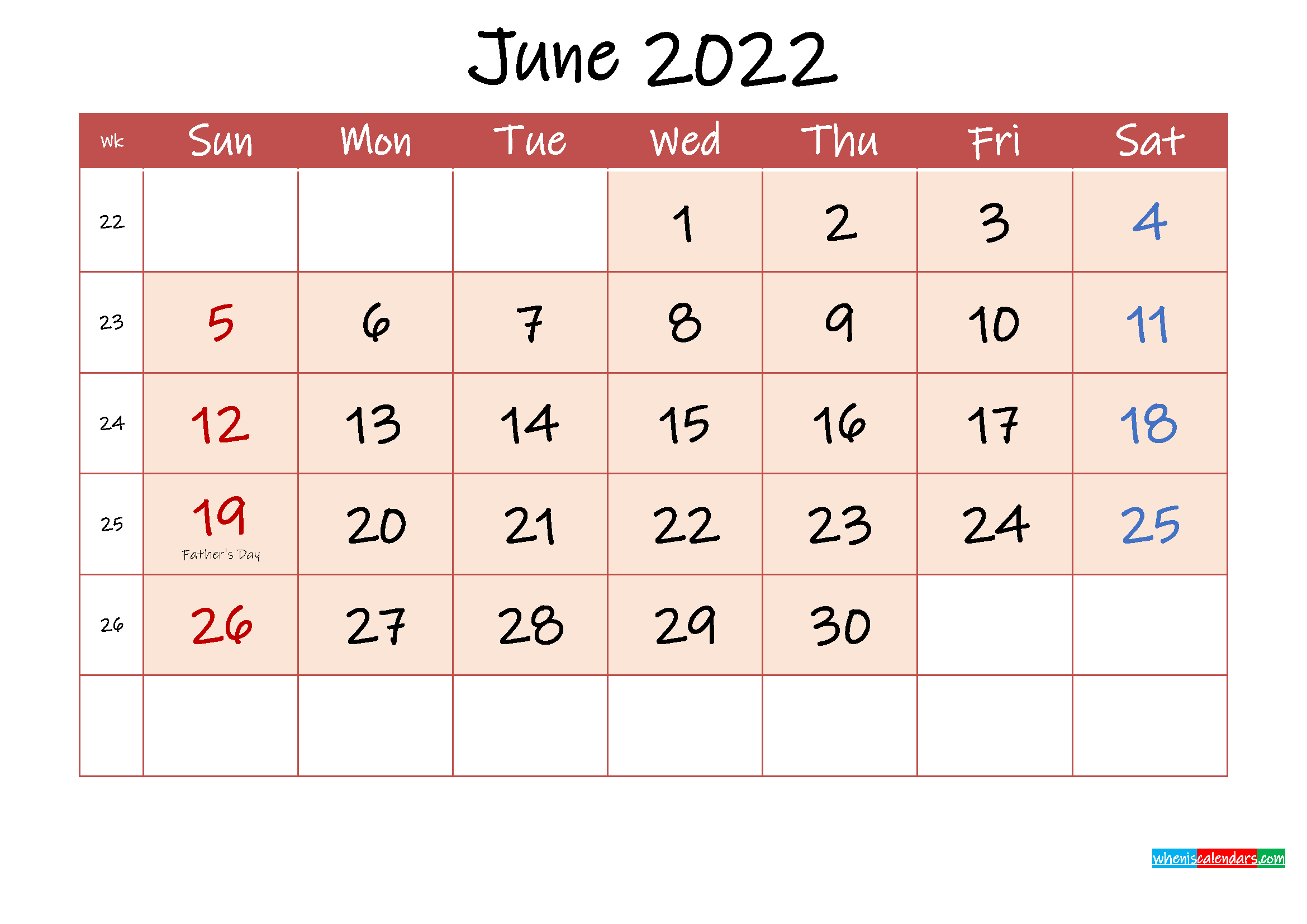 June 2022 Free Printable Calendar With Holidays Template Ink22m114