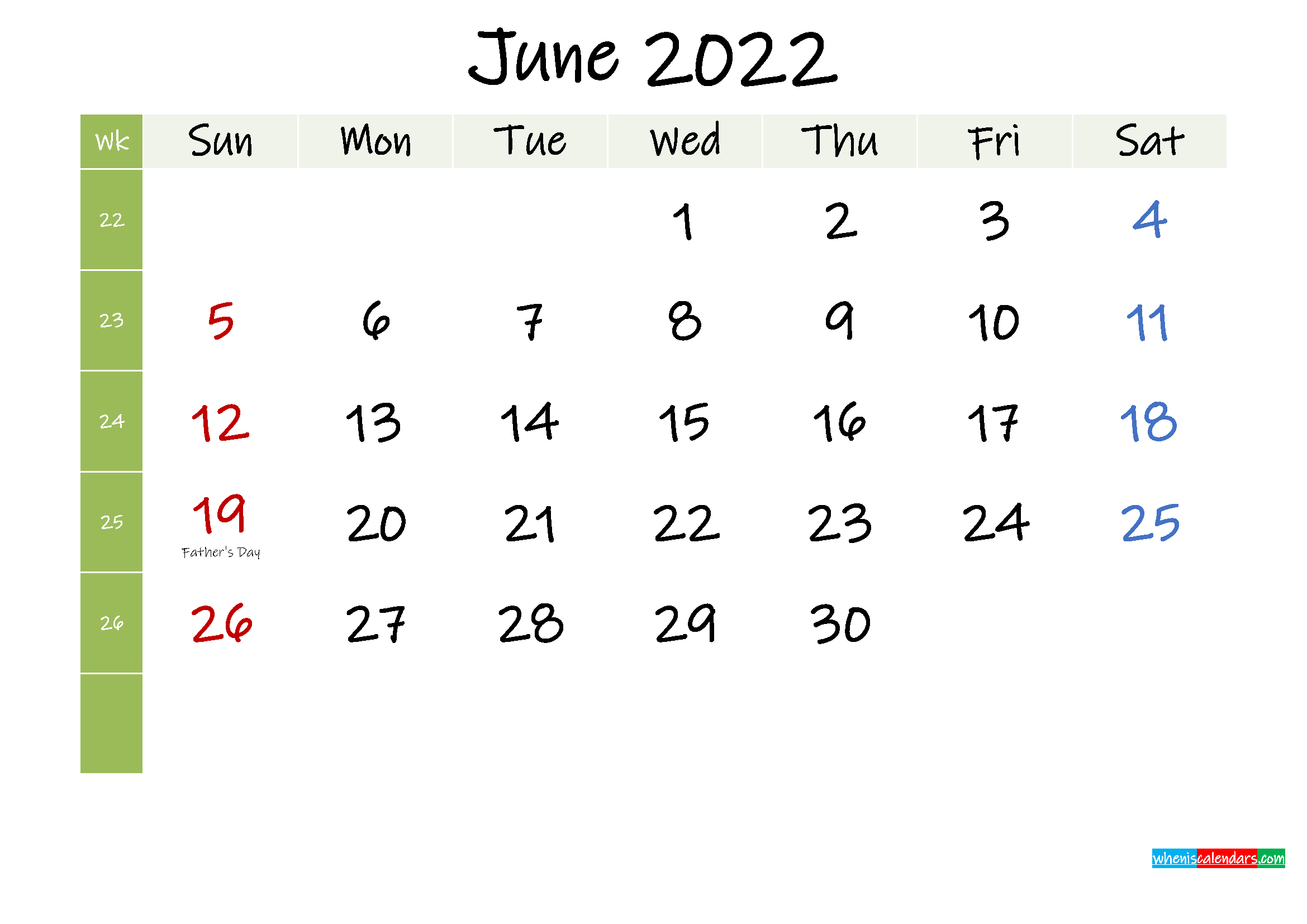 Free June 2022 Printable Calendar With Holidays Template K22m378