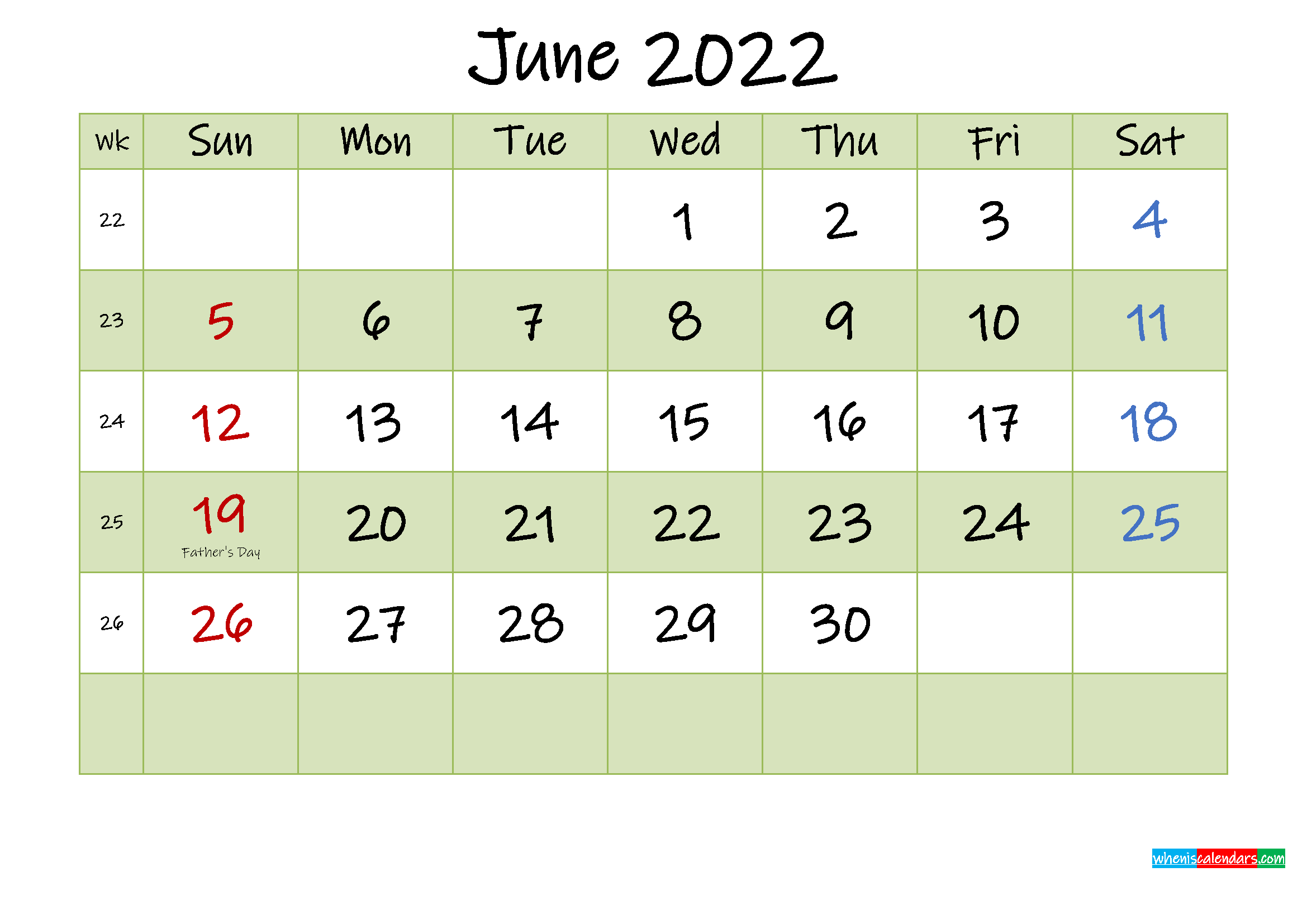 june 2022 calendar with holidays printable template no