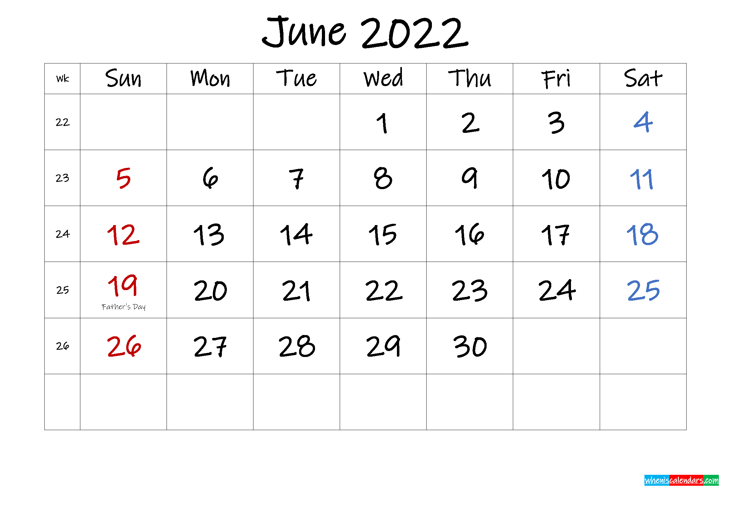 June 2022 Free Printable Calendar with Holidays - Template ...