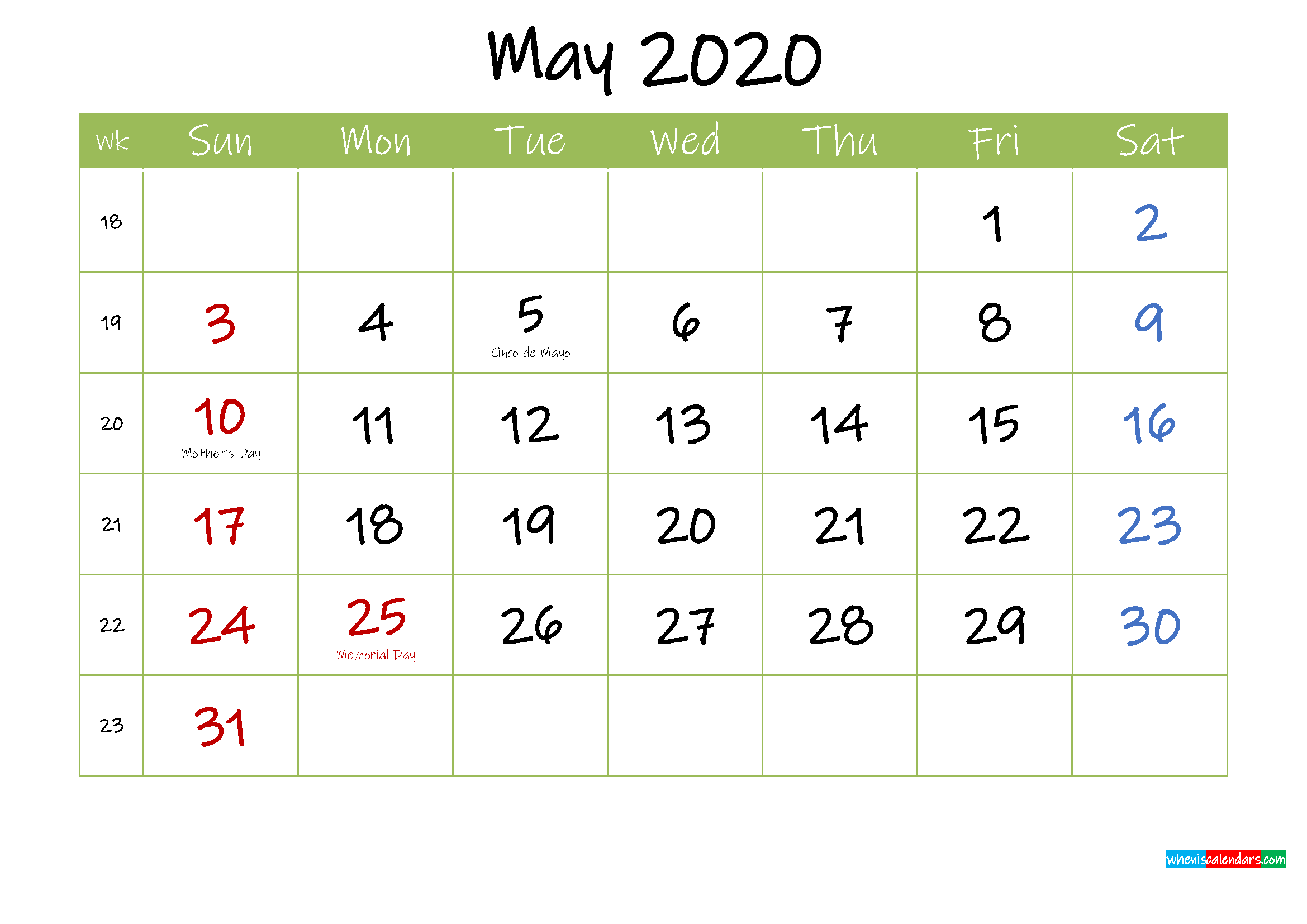Free Printable May 2020 Calendar With Holidays Template Ink20m41