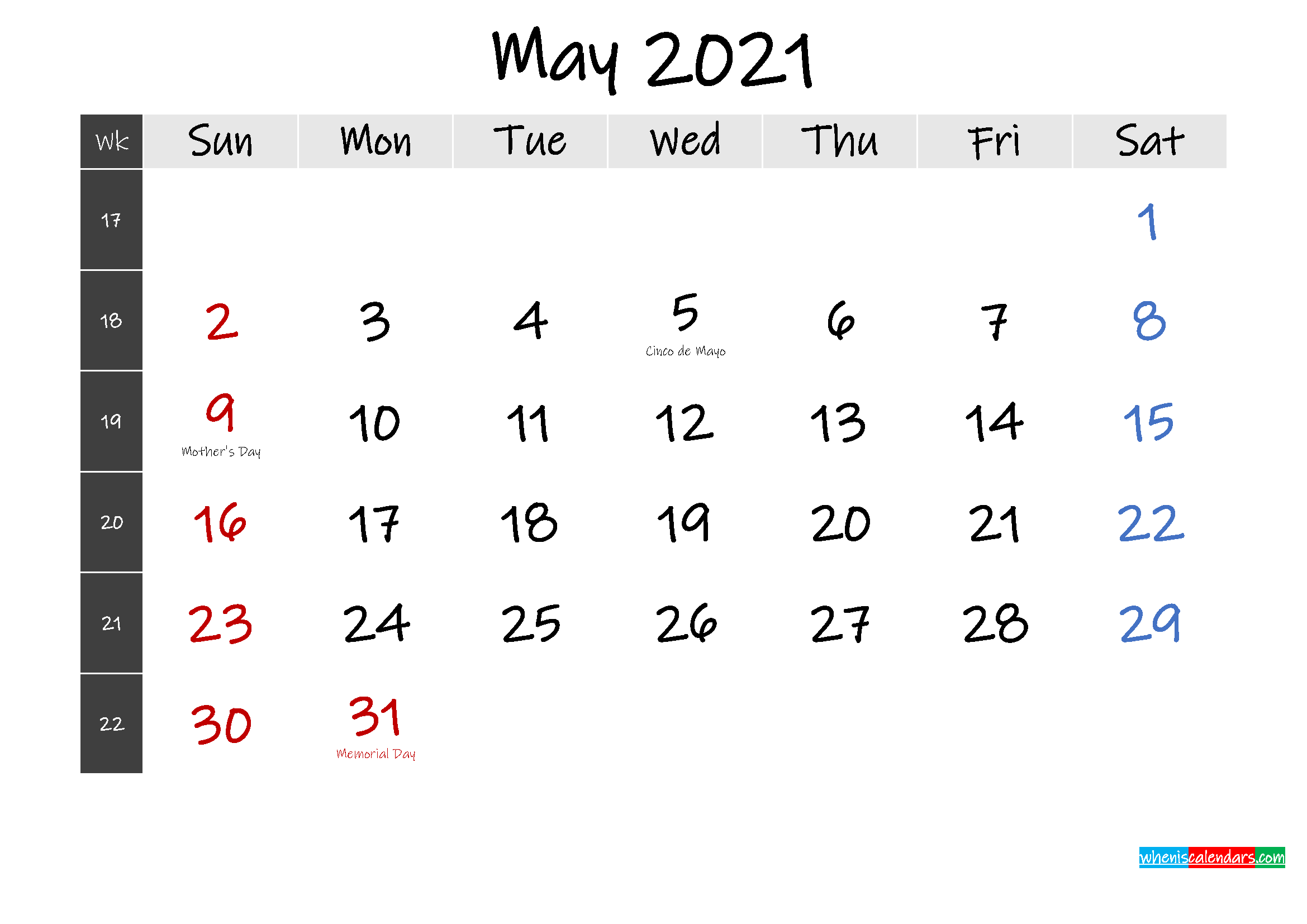 Free Printable May 2021 Calendar Template K21m341