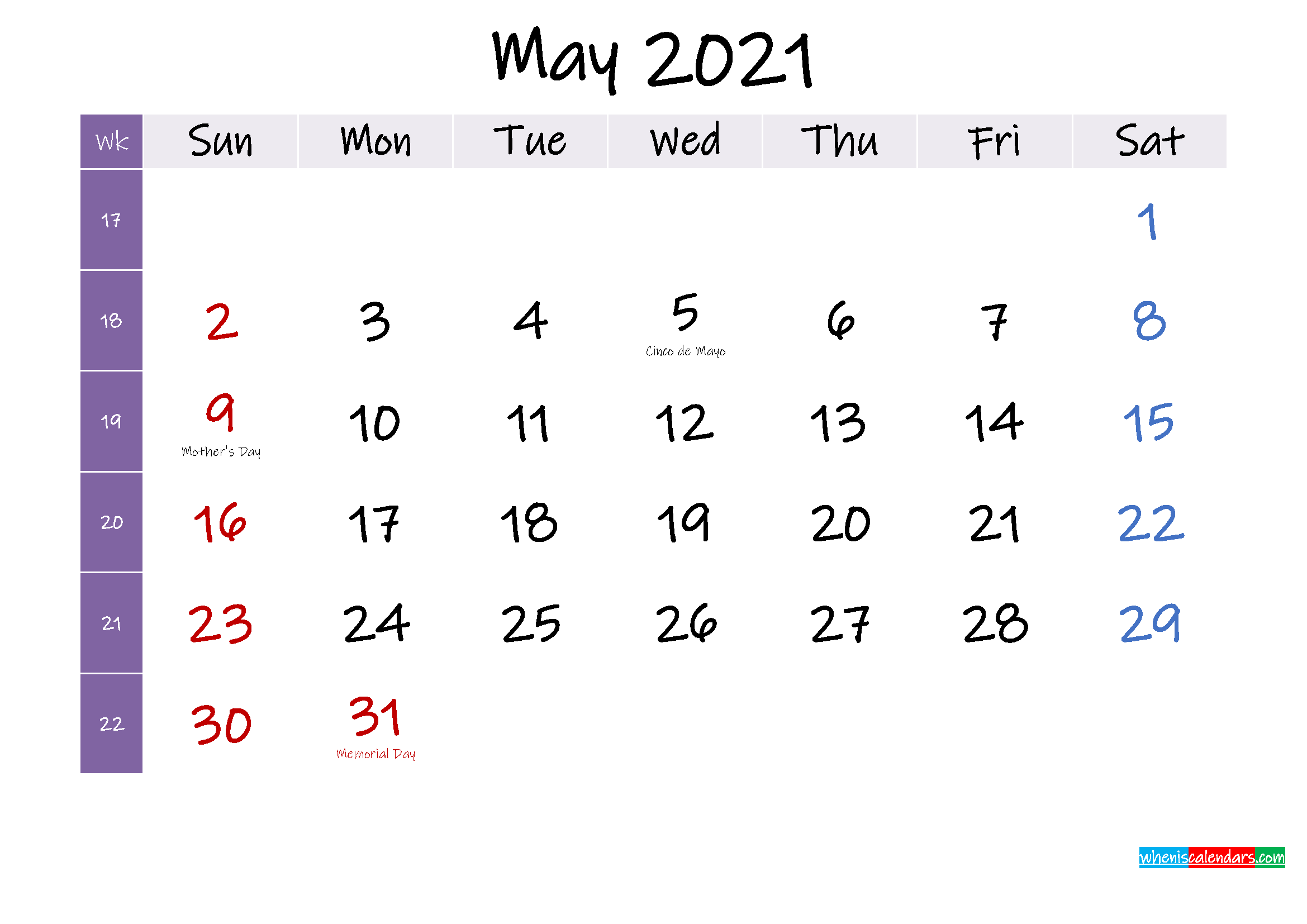 May 2021 Free Printable Calendar With Holidays Template No ink21m389
