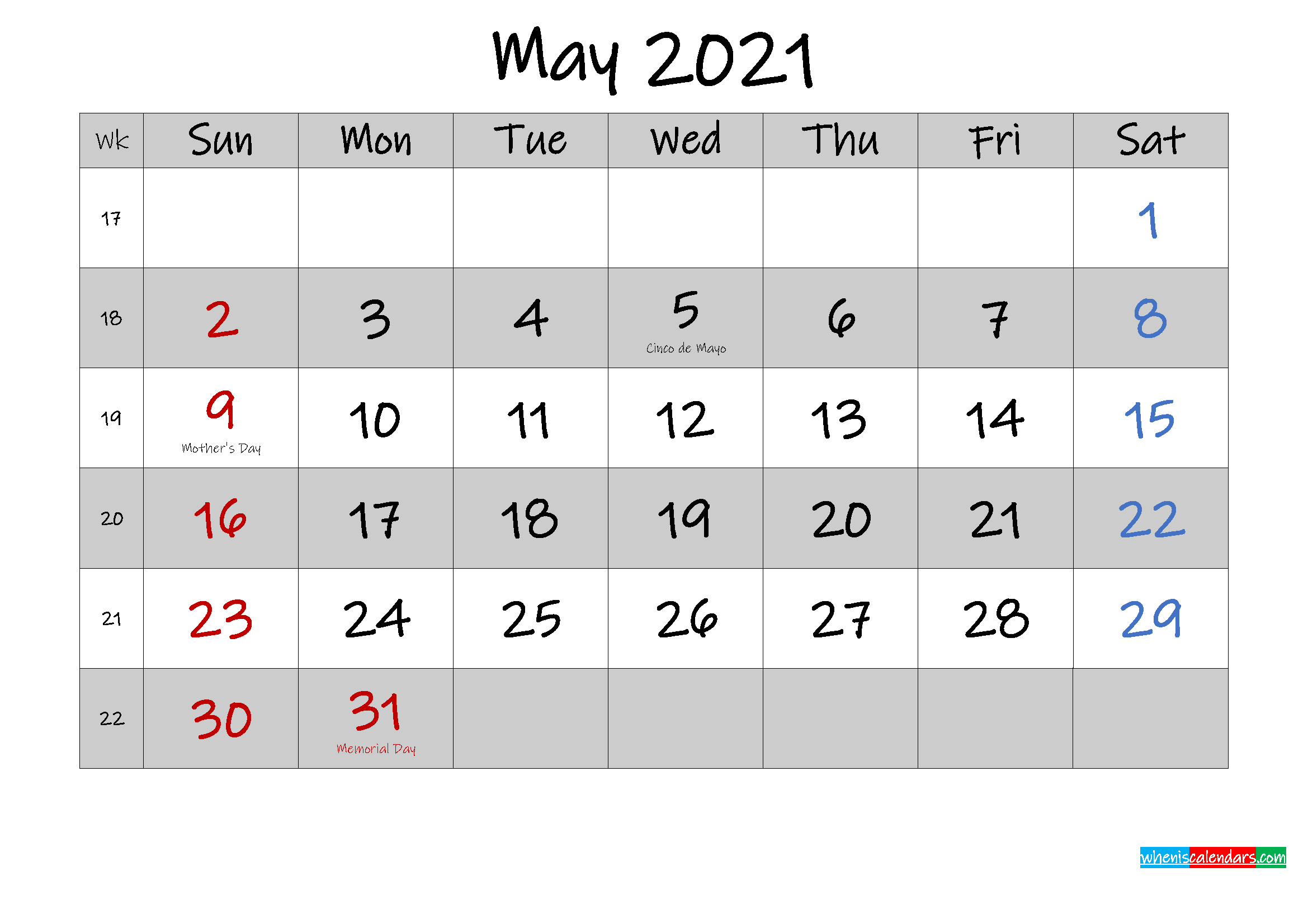 Free Printable May 2021 Calendar With Holidays Template No