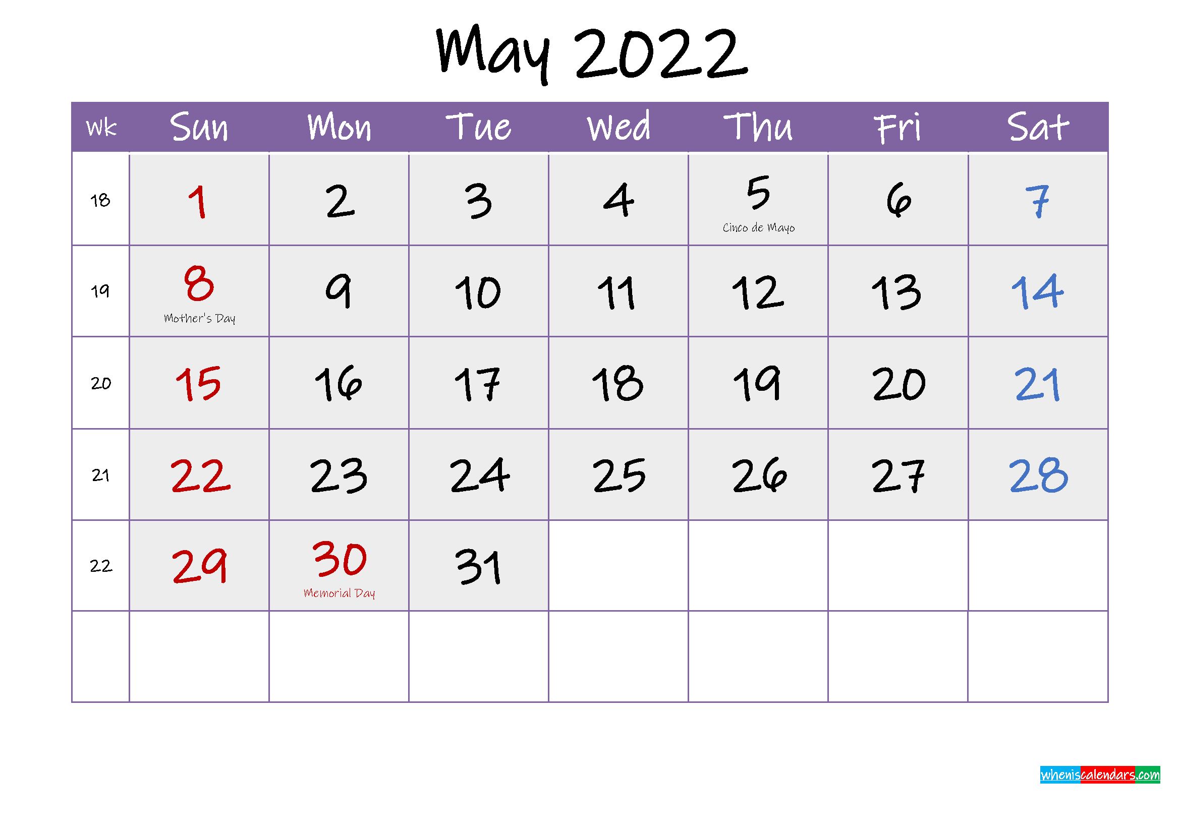 Free May 2022 Printable Calendar With Holidays Template Ink22m137