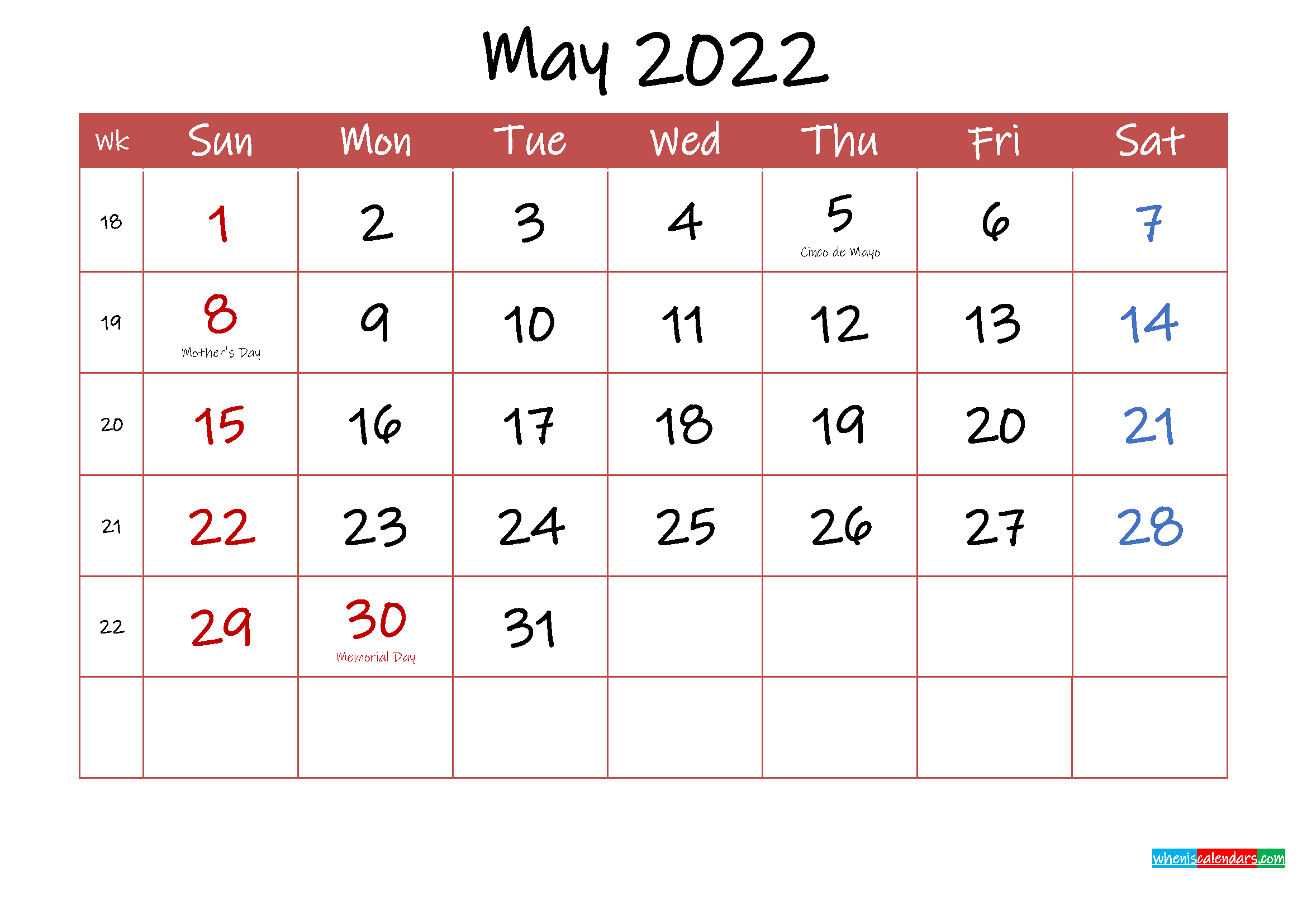 Printable May 2022 Calendar with Holidays - Template ...