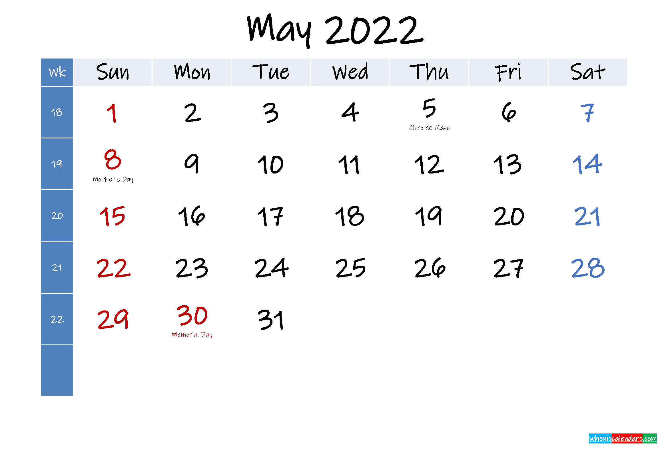 May 2022 Free Printable Calendar With Holidays Template K22m353