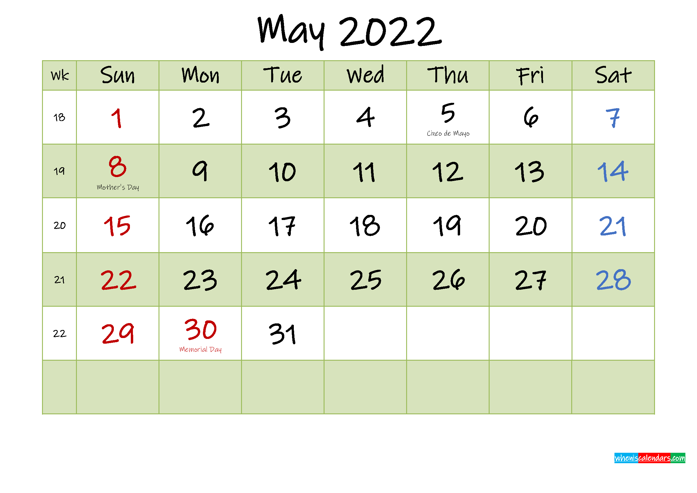 May 2022 Calendar With Holidays Printable Template K22m449
