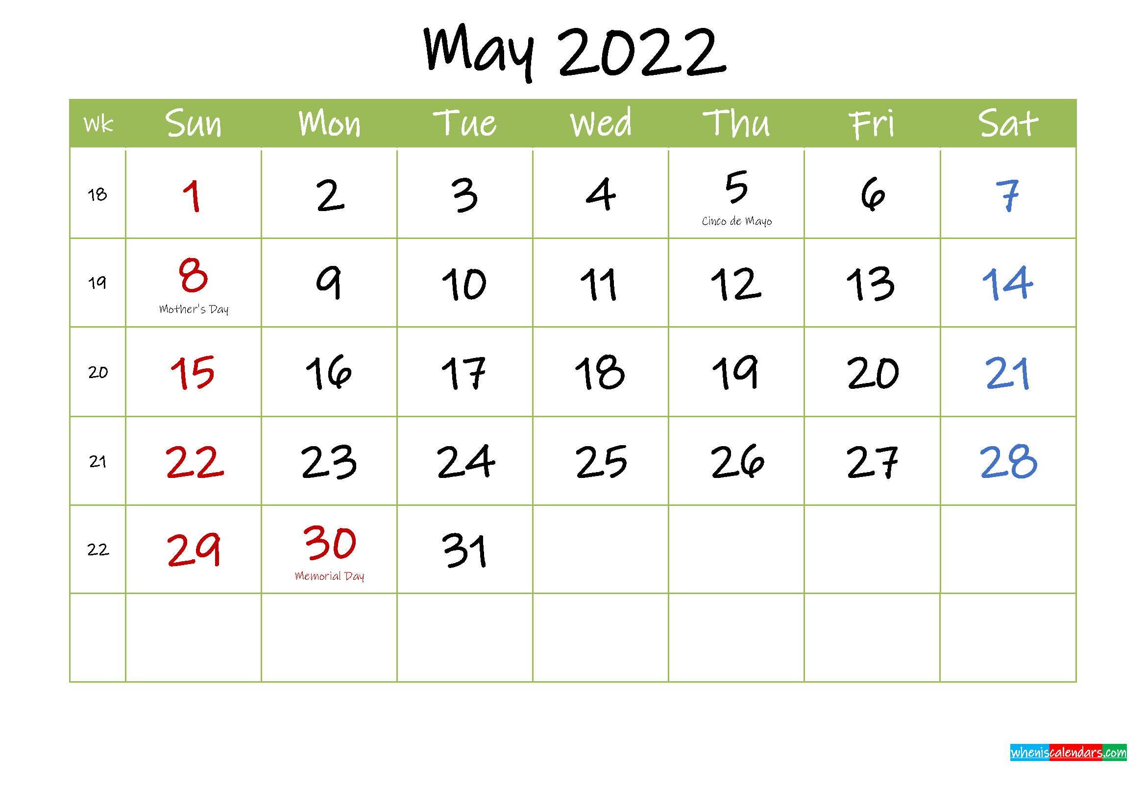 free printable may 2022 calendar with holidays template