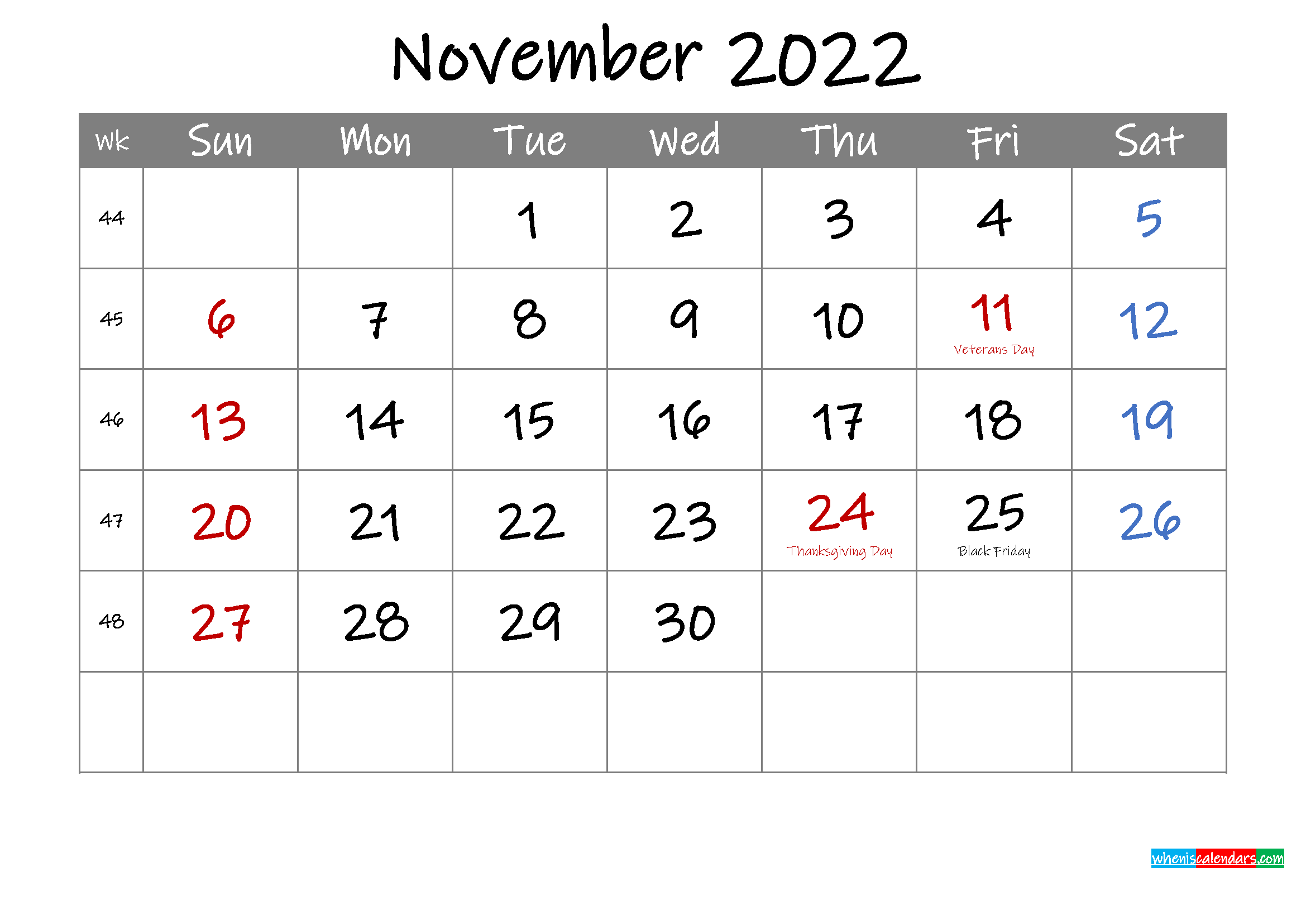 Editable November 2022 Calendar with Holidays - Template ...