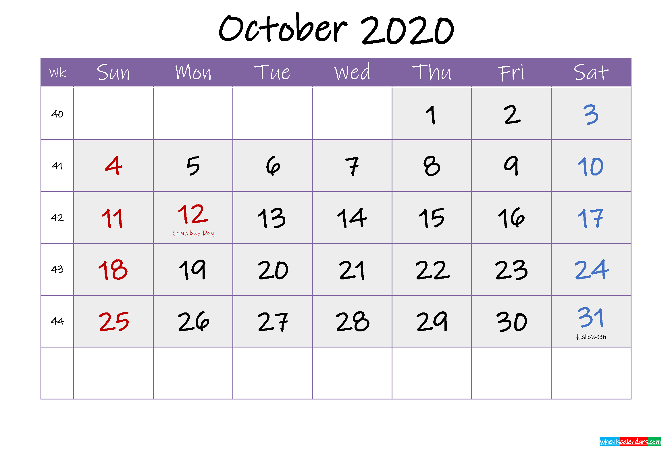 Free October 2020 Printable Calendar with Holidays - Template ink20m142 | Free Printable 2020 ...